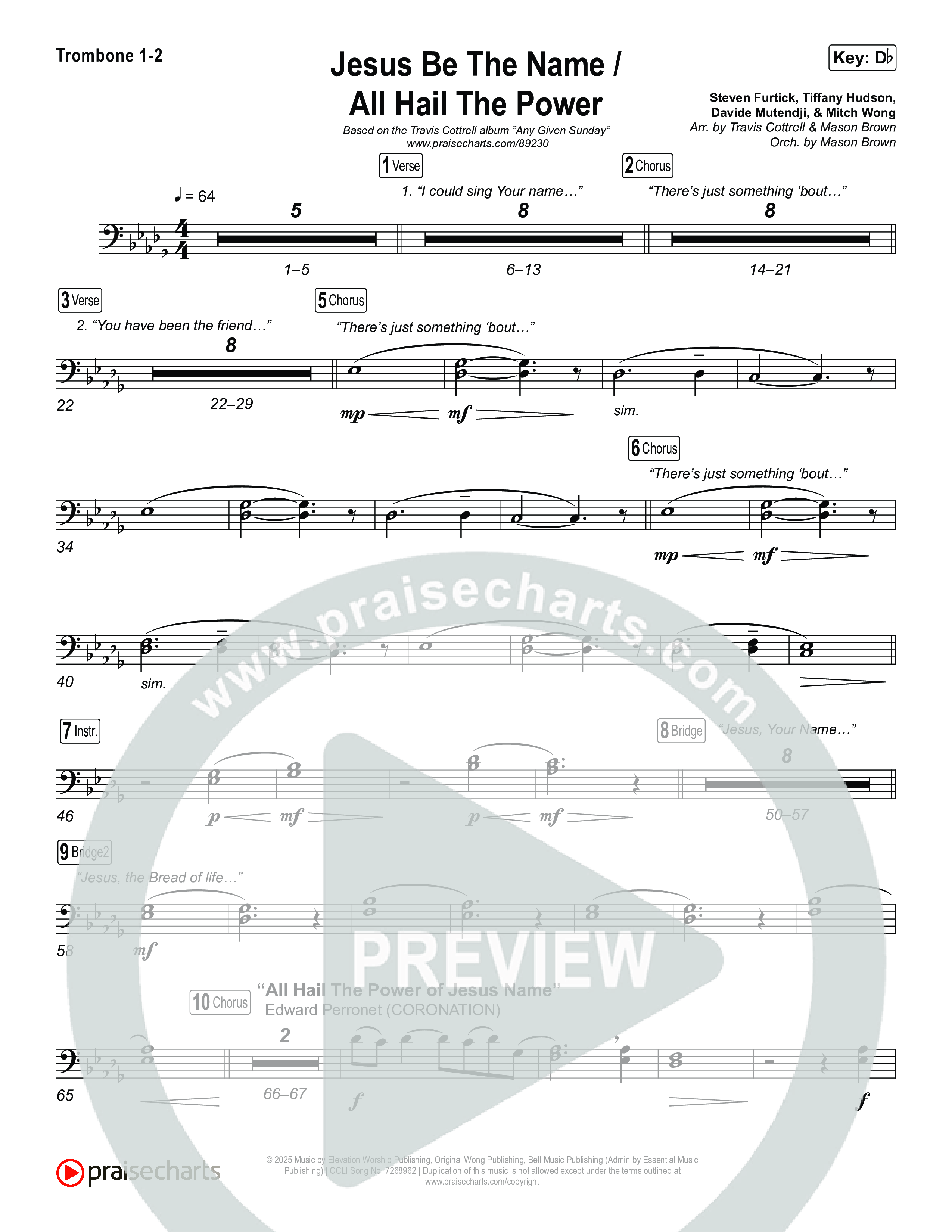 Jesus Be The Name / All Hail The Power (Choral/SATB) Trombone 1,2 (Travis Cottrell / Brooke Voland / Arr. Mason Brown)