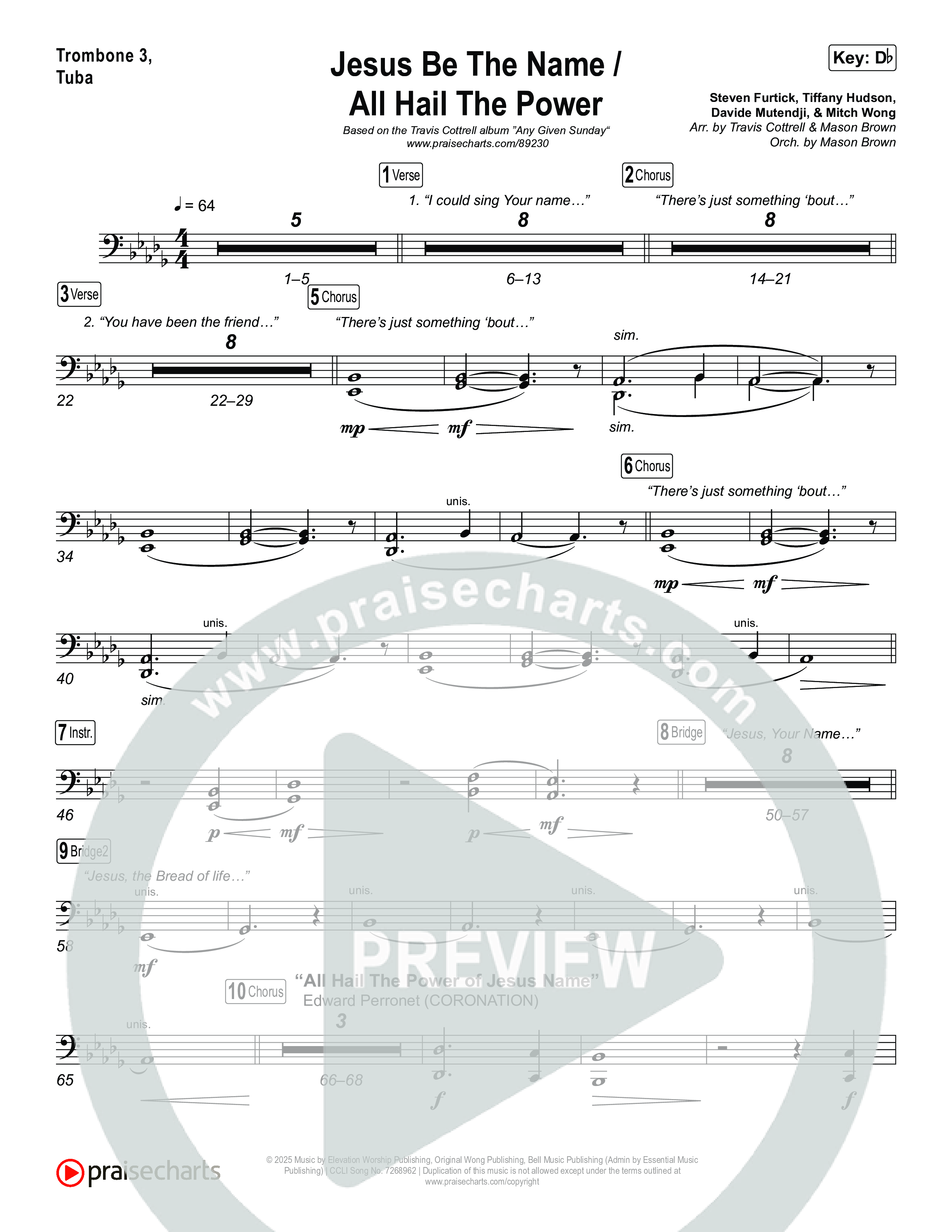 Jesus Be The Name / All Hail The Power (Choral/SATB) Trombone 3/Tuba (Travis Cottrell / Brooke Voland / Arr. Mason Brown)
