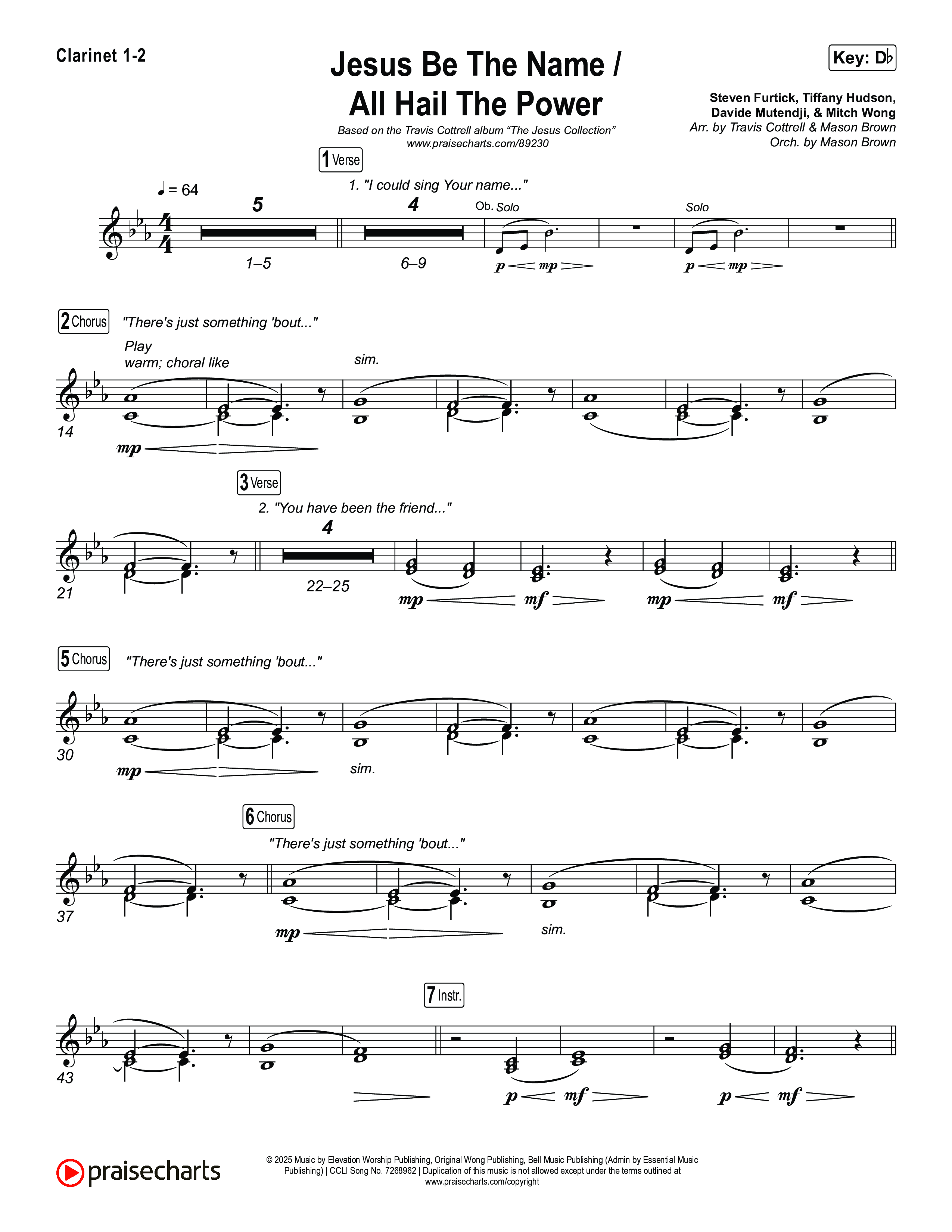 Jesus Be The Name / All Hail The Power (Choral/SATB) Clarinet 1/2 (Travis Cottrell / Brooke Voland / Arr. Mason Brown)