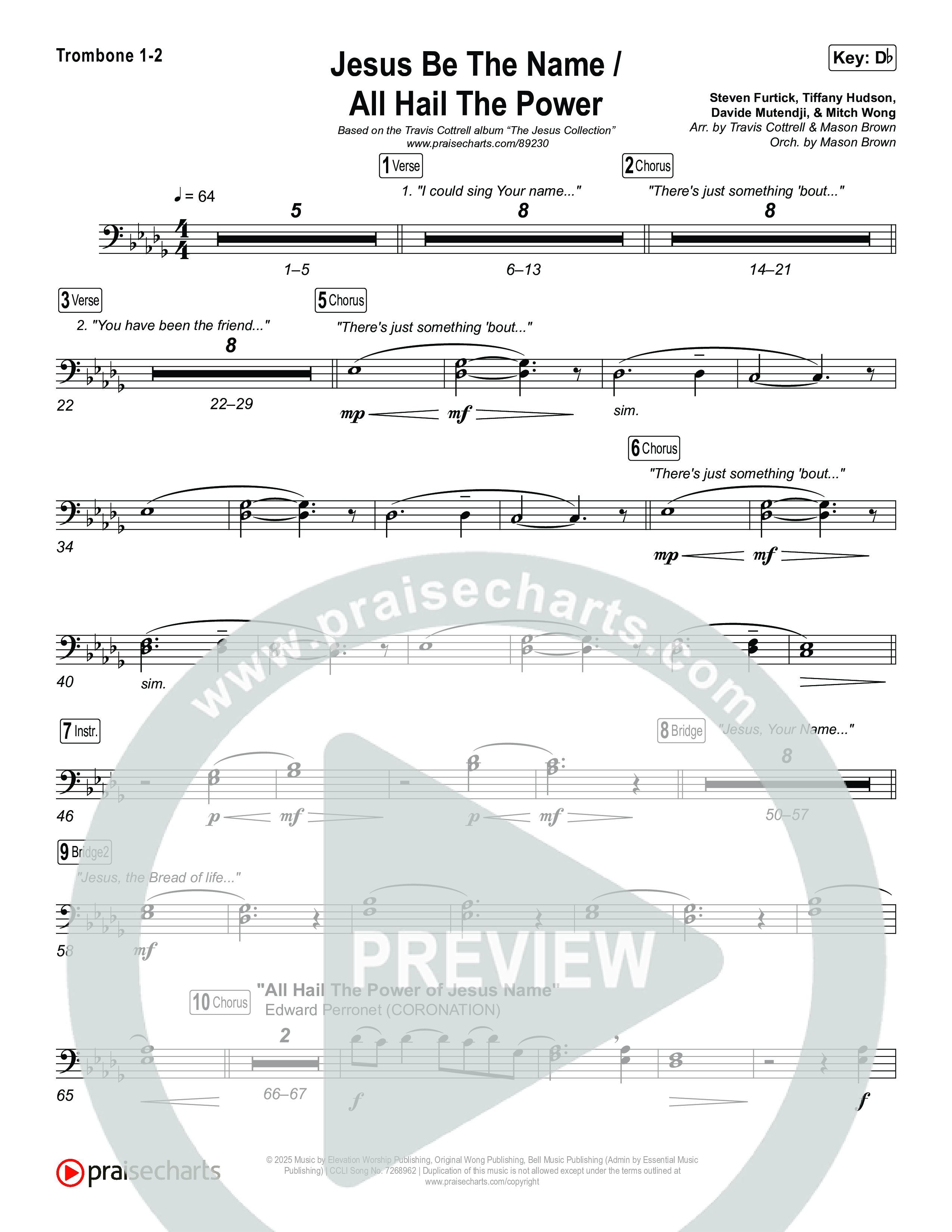 Jesus Be The Name / All Hail The Power (Choral/SATB) Trombone 1,2 (Travis Cottrell / Brooke Voland / Arr. Mason Brown)