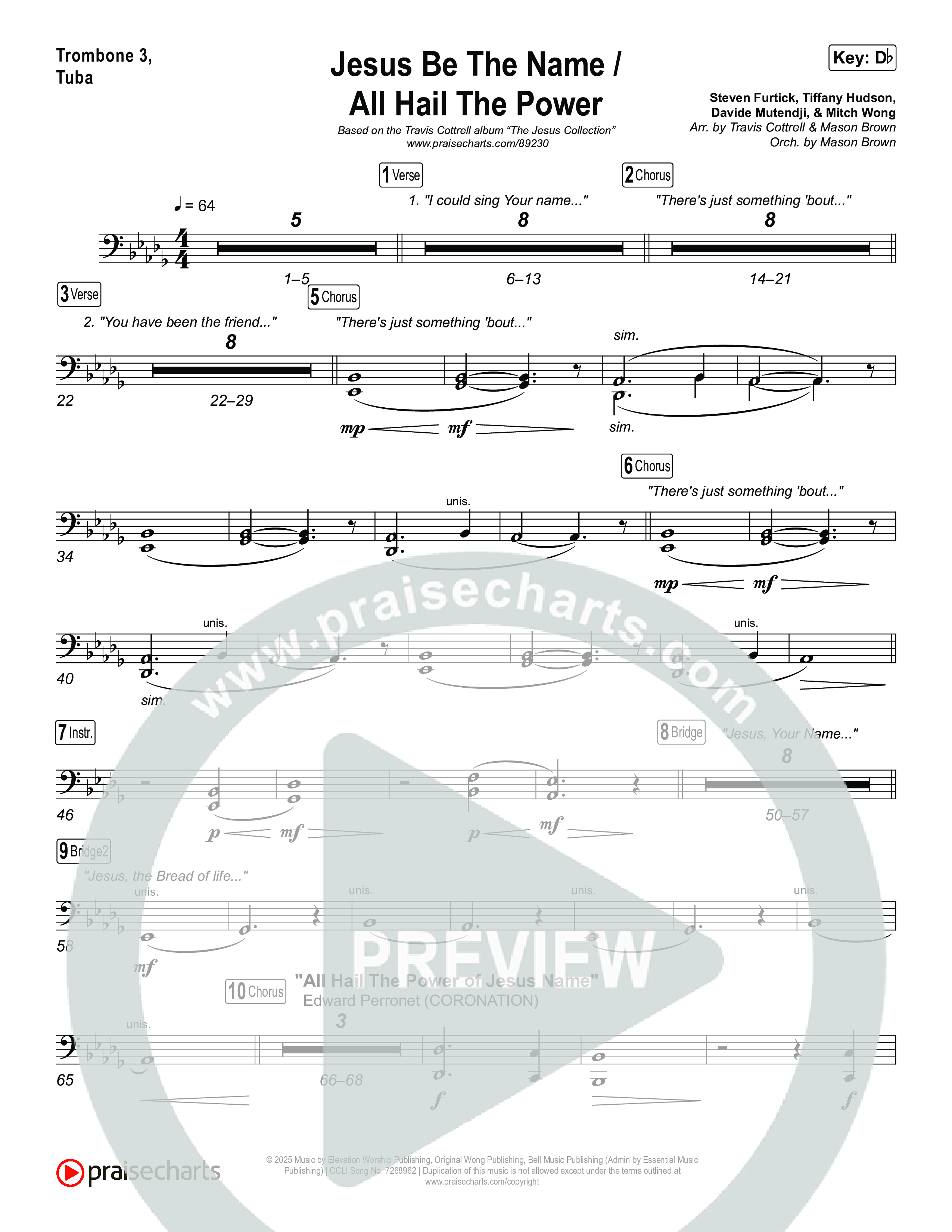 Jesus Be The Name / All Hail The Power (Choral/SATB) Trombone 1,2 (Travis Cottrell / Brooke Voland / Arr. Mason Brown)