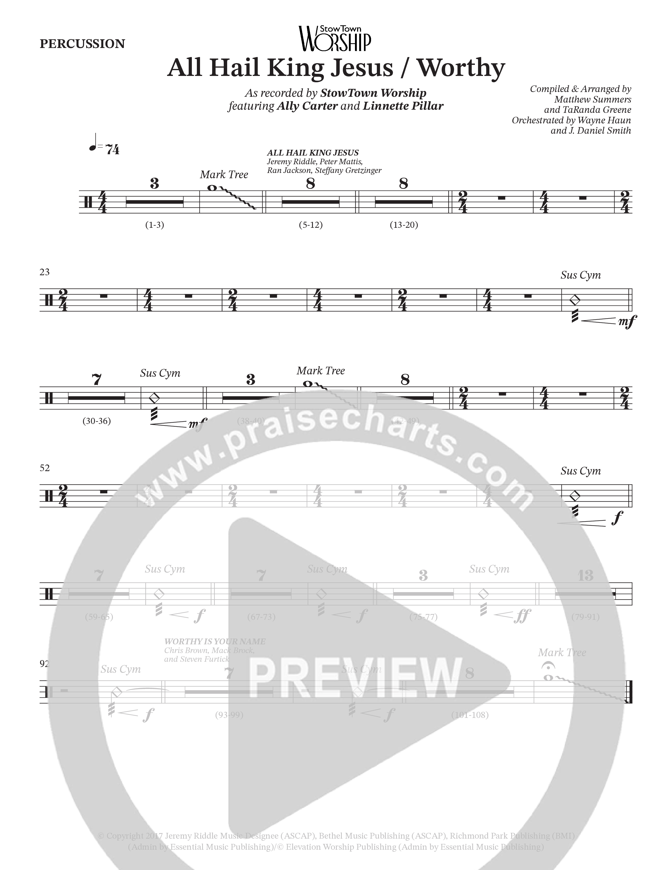 All Hail King Jesus / Worthy (Choral Anthem SATB) Percussion (StowTown Worship / Ally Carter / Linette Pillar)