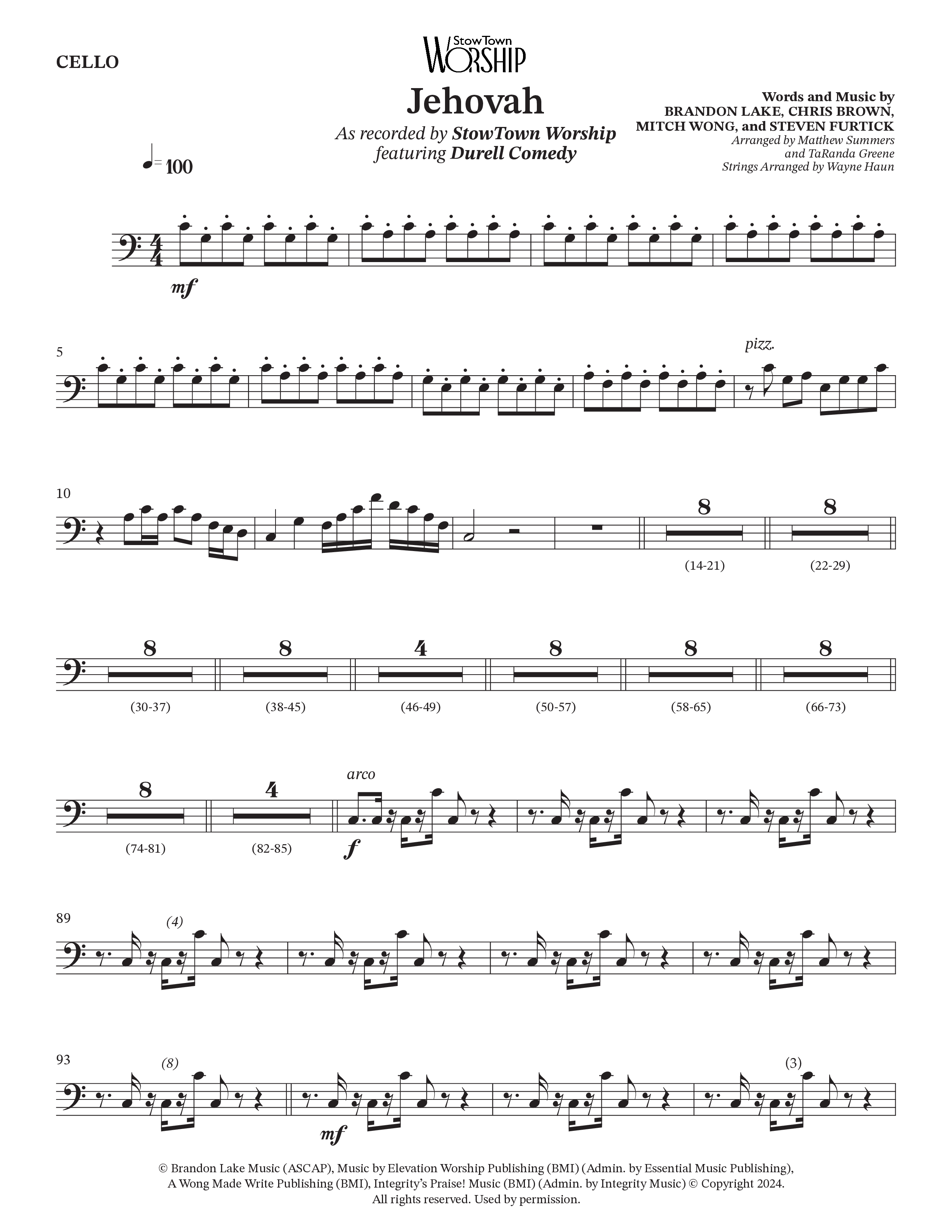 Jehovah (Choral Anthem SATB) Cello (StowTown Worship / Durell Comedy)