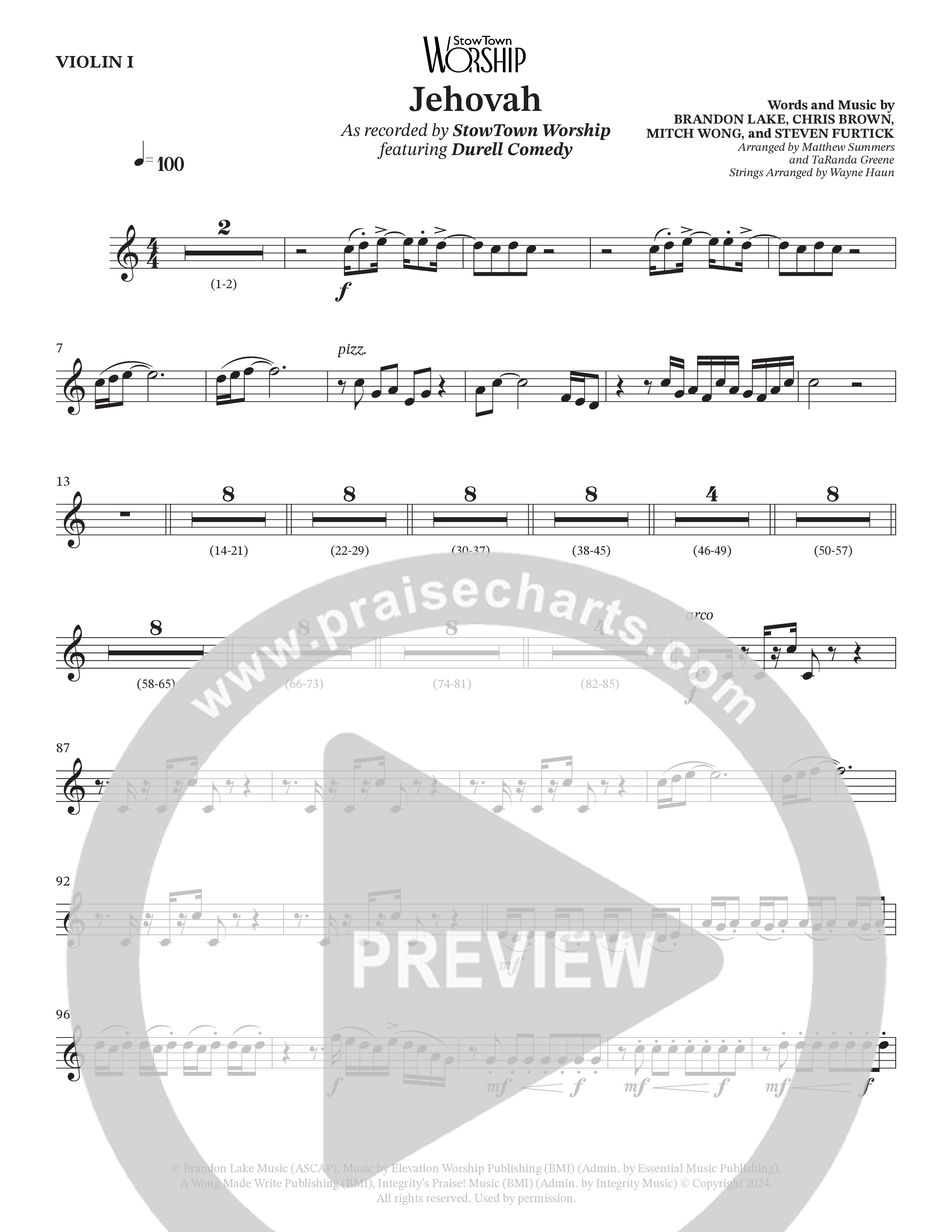 Jehovah (Choral Anthem SATB) Violin 1 (StowTown Worship / Durell Comedy)