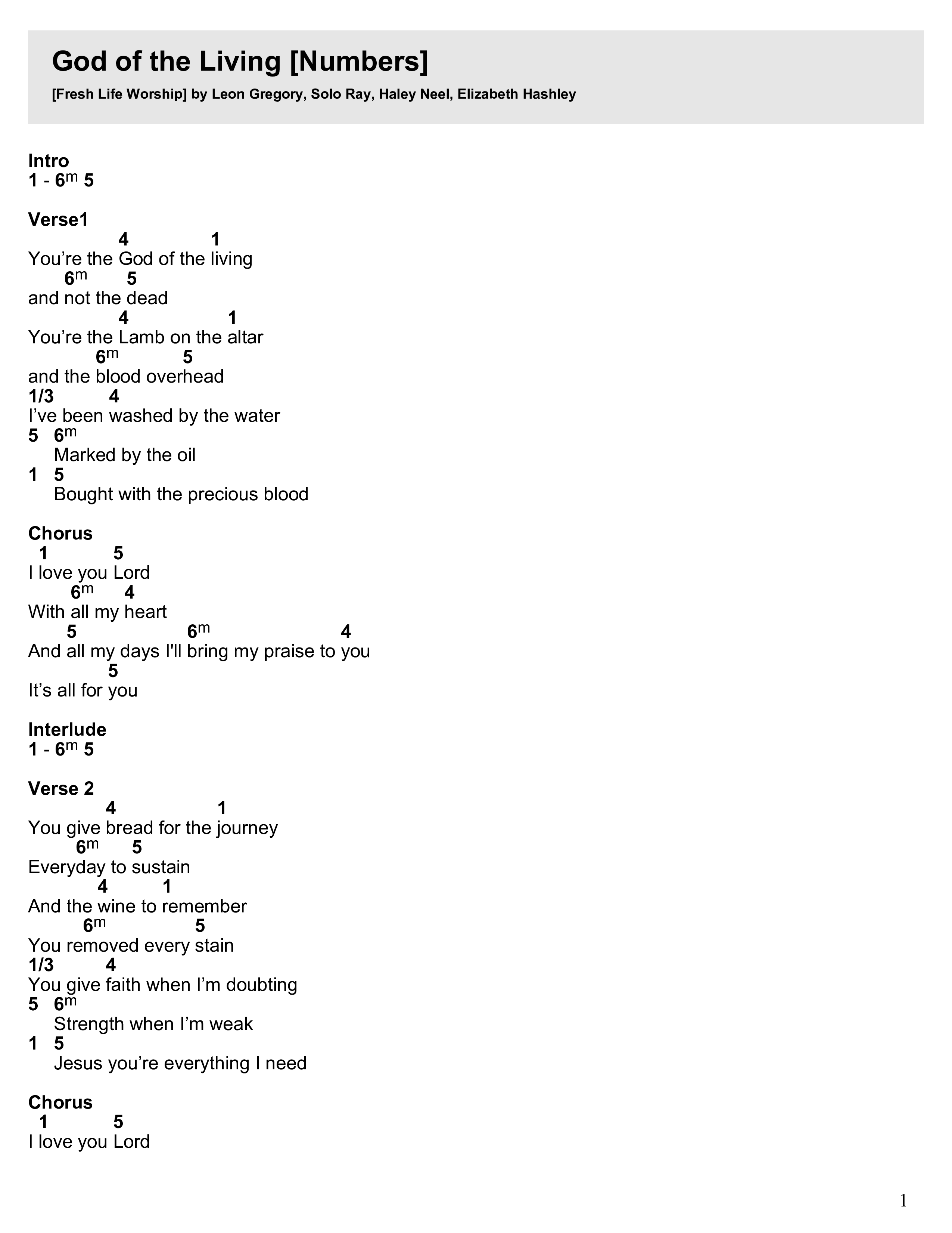 God Of The Living Chord Chart (Fresh Life Worship)