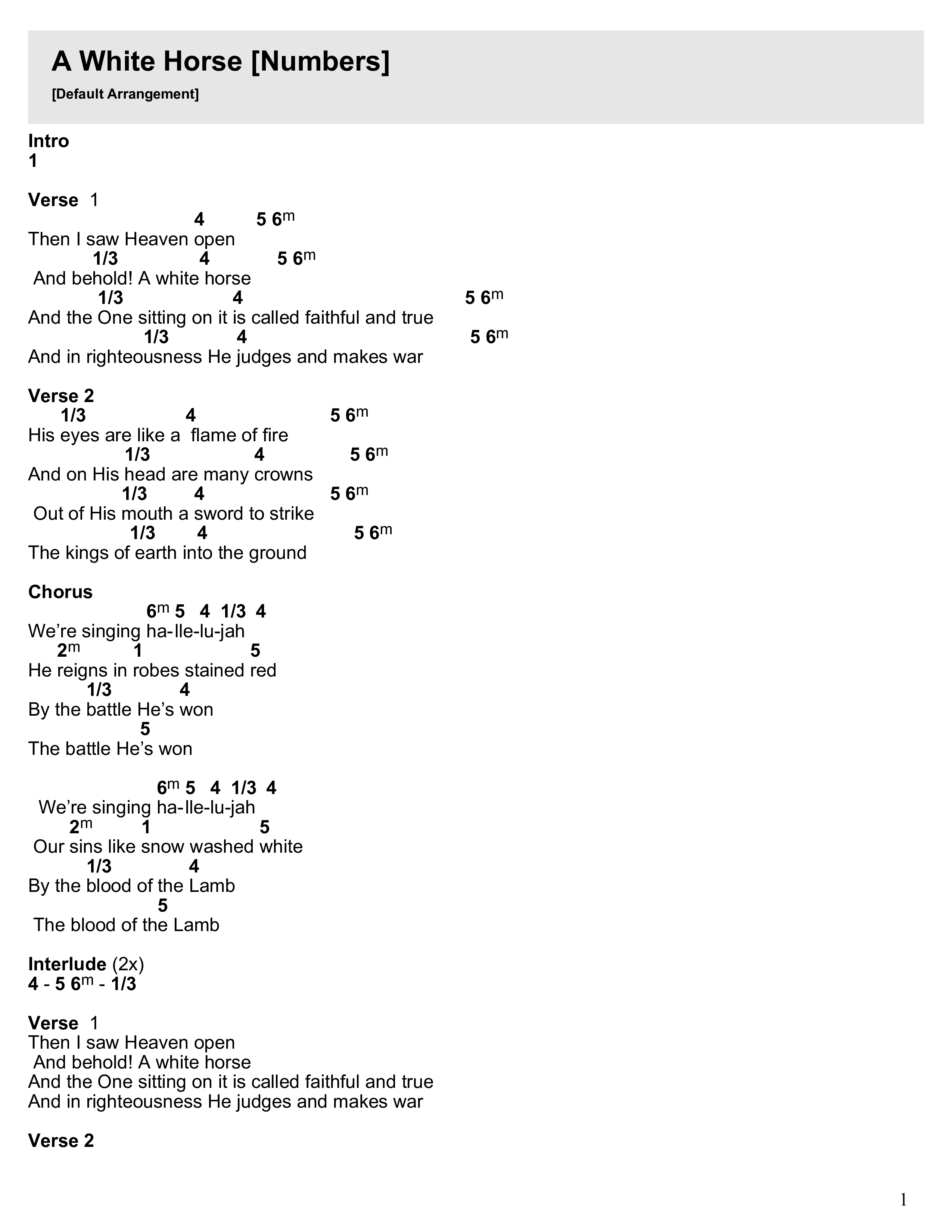 A White Horse Chord Chart (Fresh Life Worship)