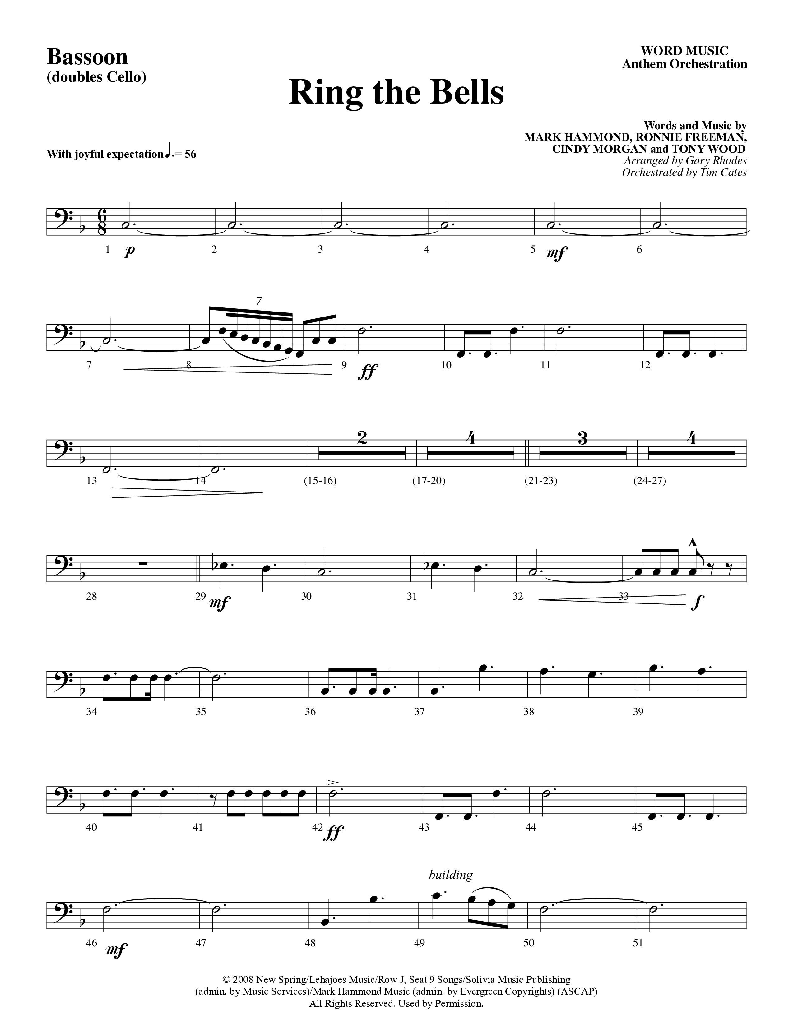 Ring The Bells (Choral Anthem SATB) Bassoon (Word Music Choral / Arr. Gary Rhodes / Orch. Tim Cates)