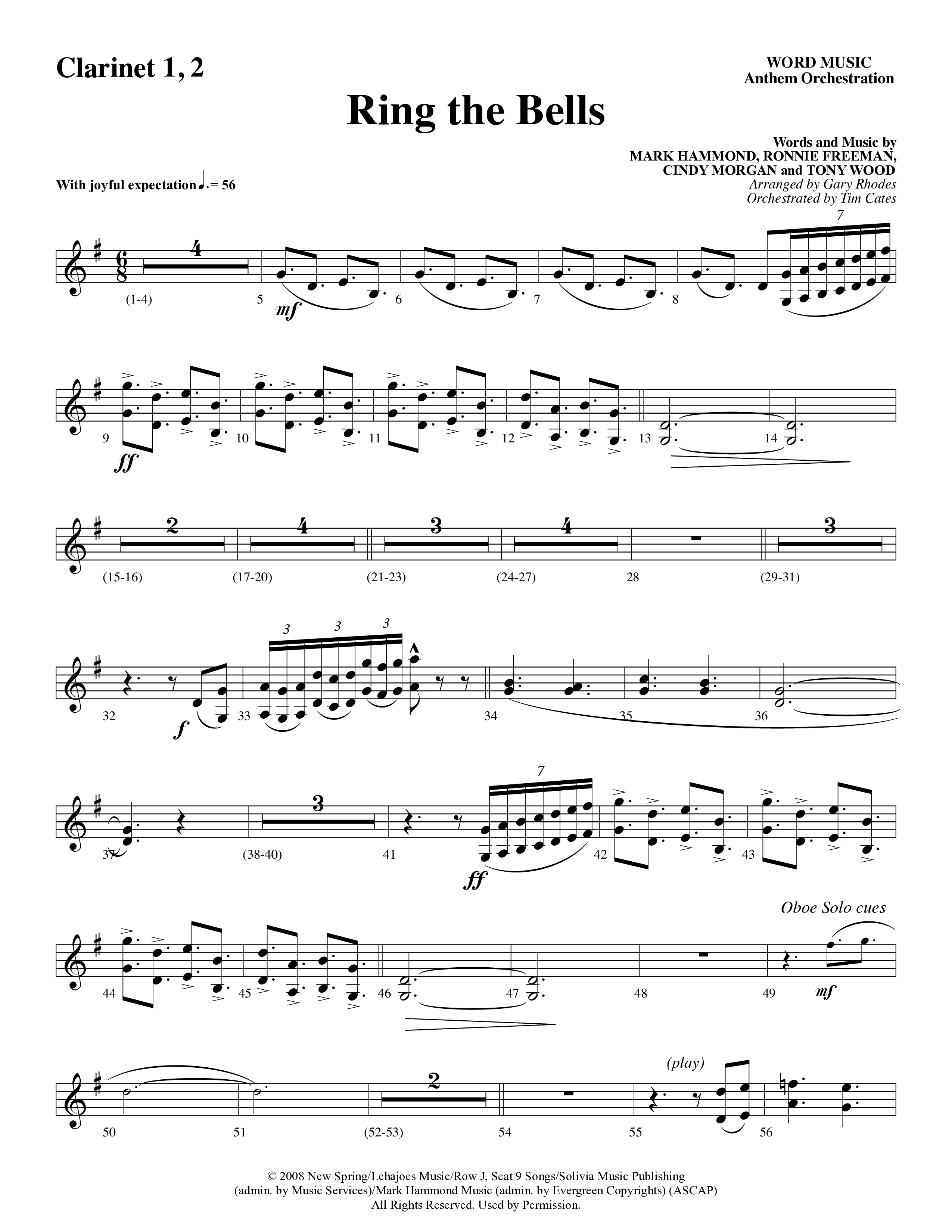 Ring The Bells (Choral Anthem SATB) Clarinet 1/2 (Word Music Choral / Arr. Gary Rhodes / Orch. Tim Cates)