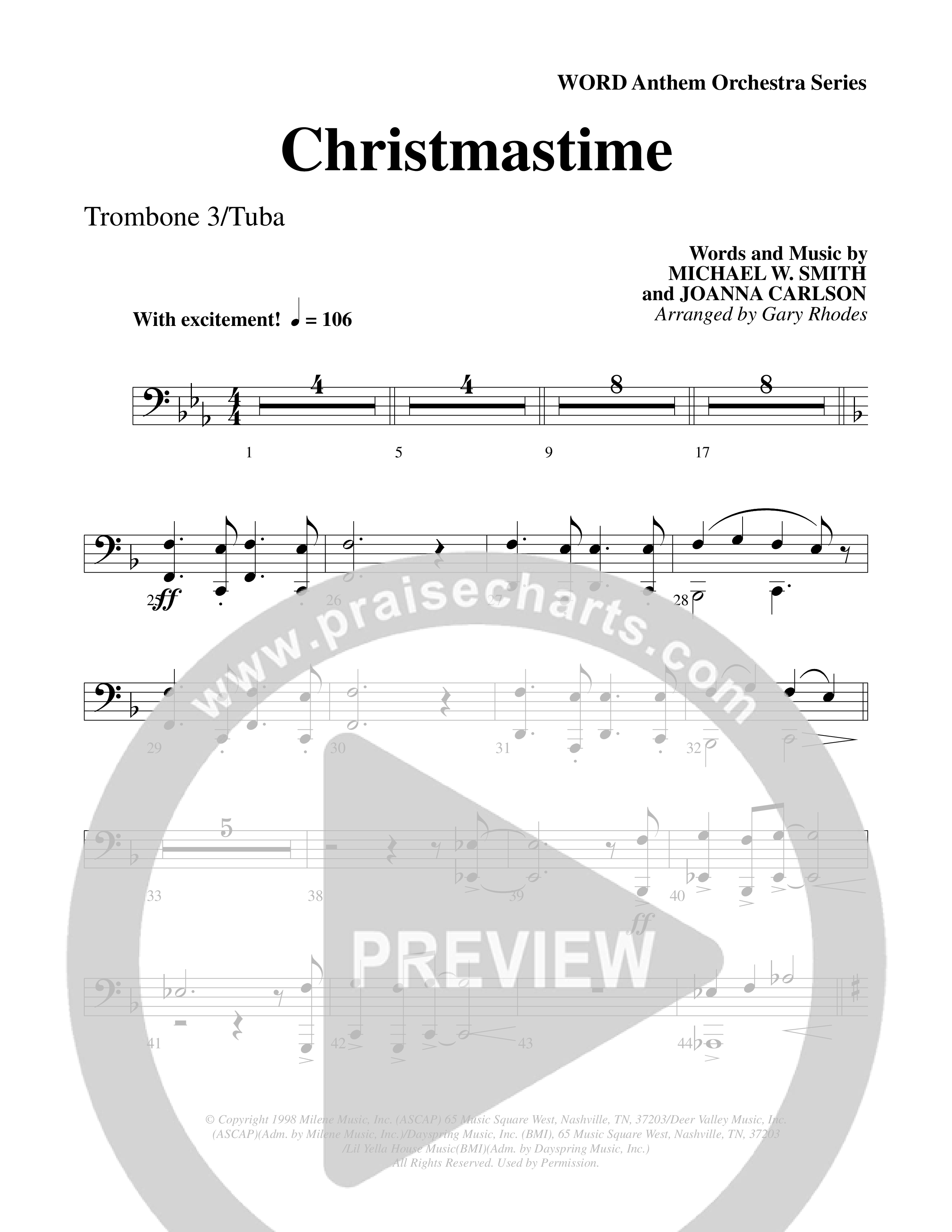Christmastime (Choral Anthem SATB) Trombone 3/Tuba (Word Music Choral / Arr. Gary Rhodes / Orch. Lee Poquette)