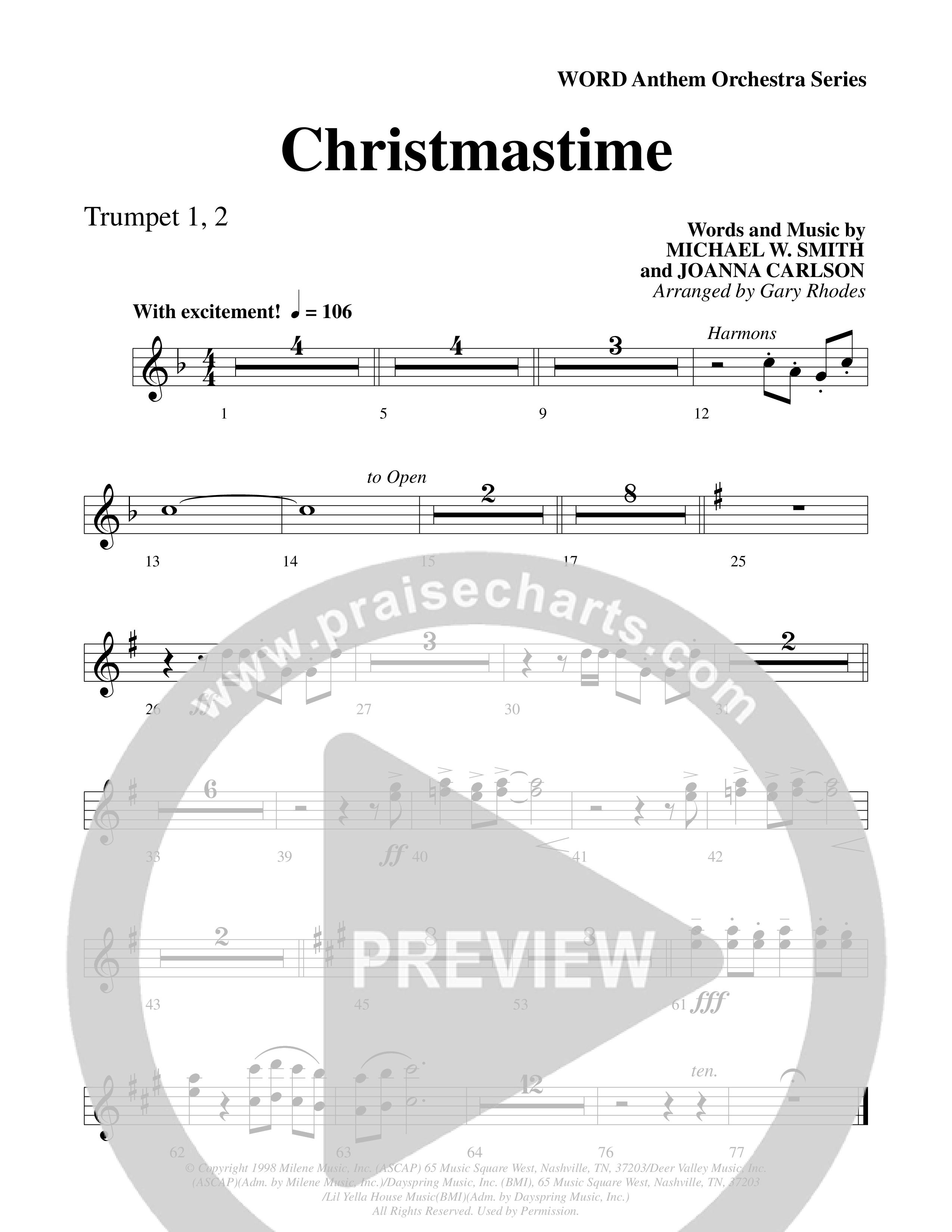 Christmastime (Choral Anthem SATB) Trumpet 1,2 (Word Music Choral / Arr. Gary Rhodes / Orch. Lee Poquette)