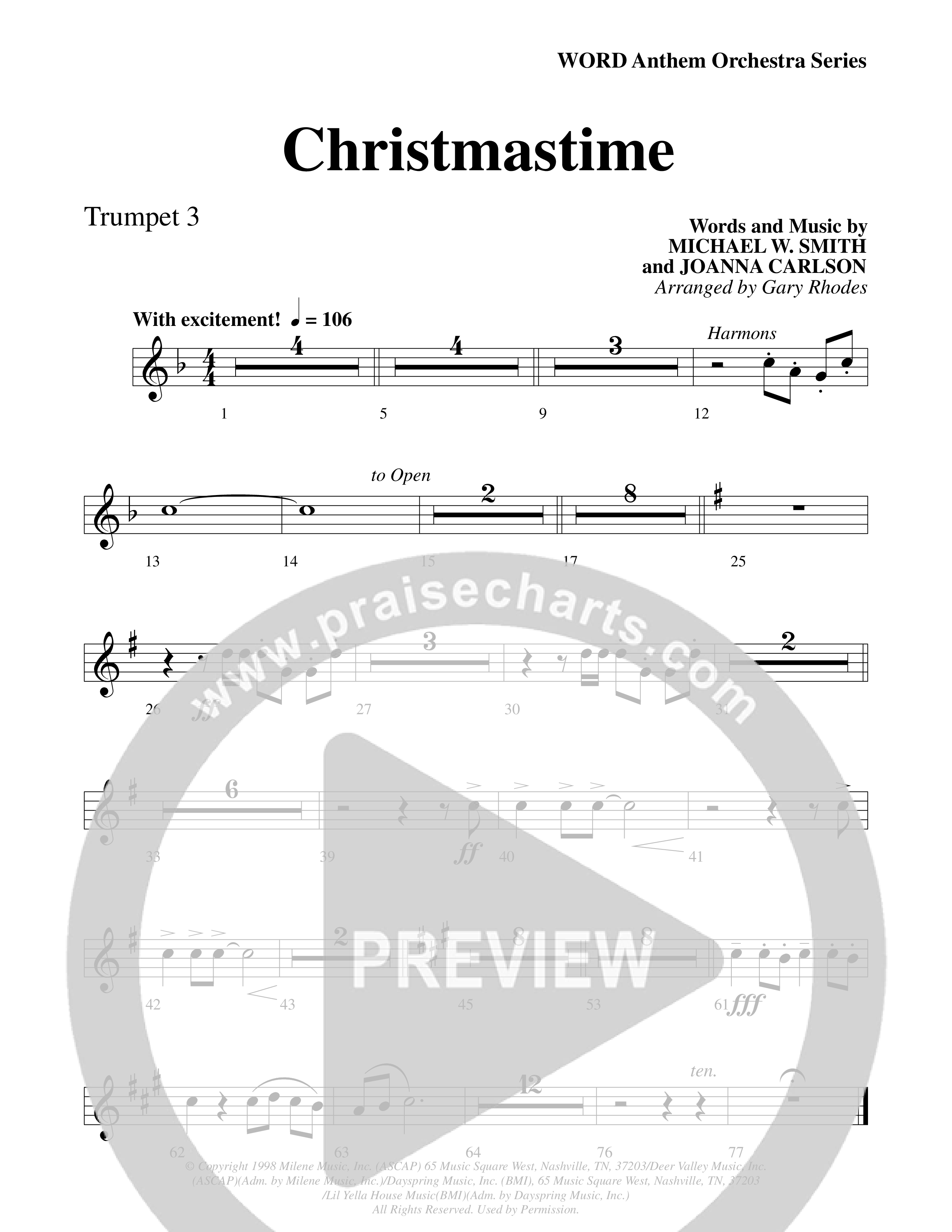 Christmastime (Choral Anthem SATB) Trumpet 3 (Word Music Choral / Arr. Gary Rhodes / Orch. Lee Poquette)