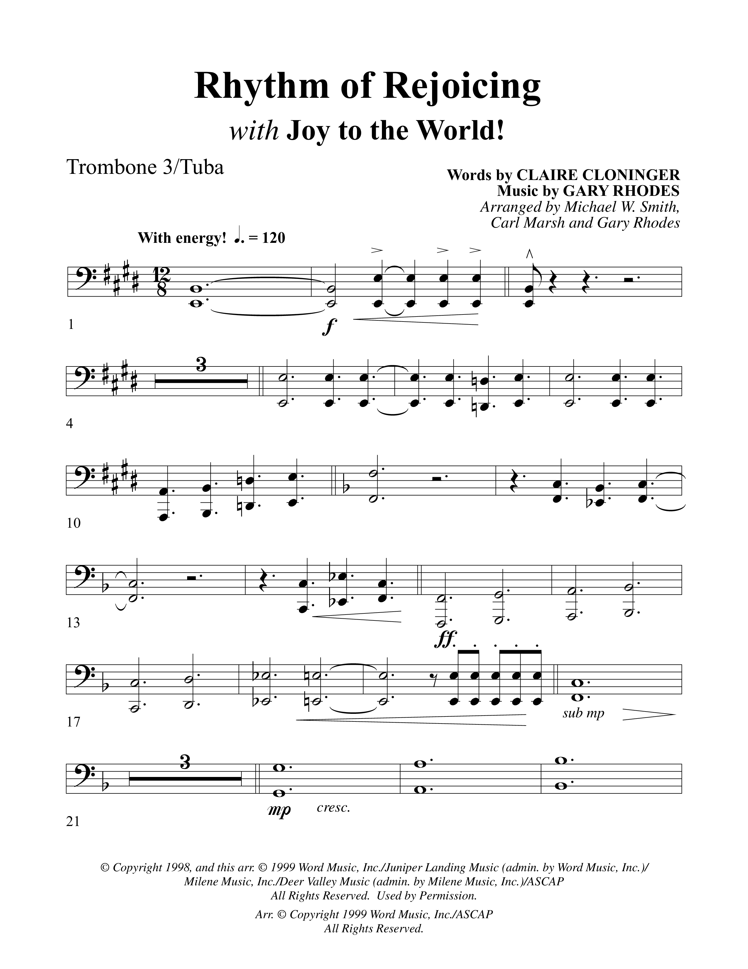 Rhythm Of Rejoicing (with Joy To The World) (Choral Anthem) Trombone 3/Tuba (Word Music Choral)