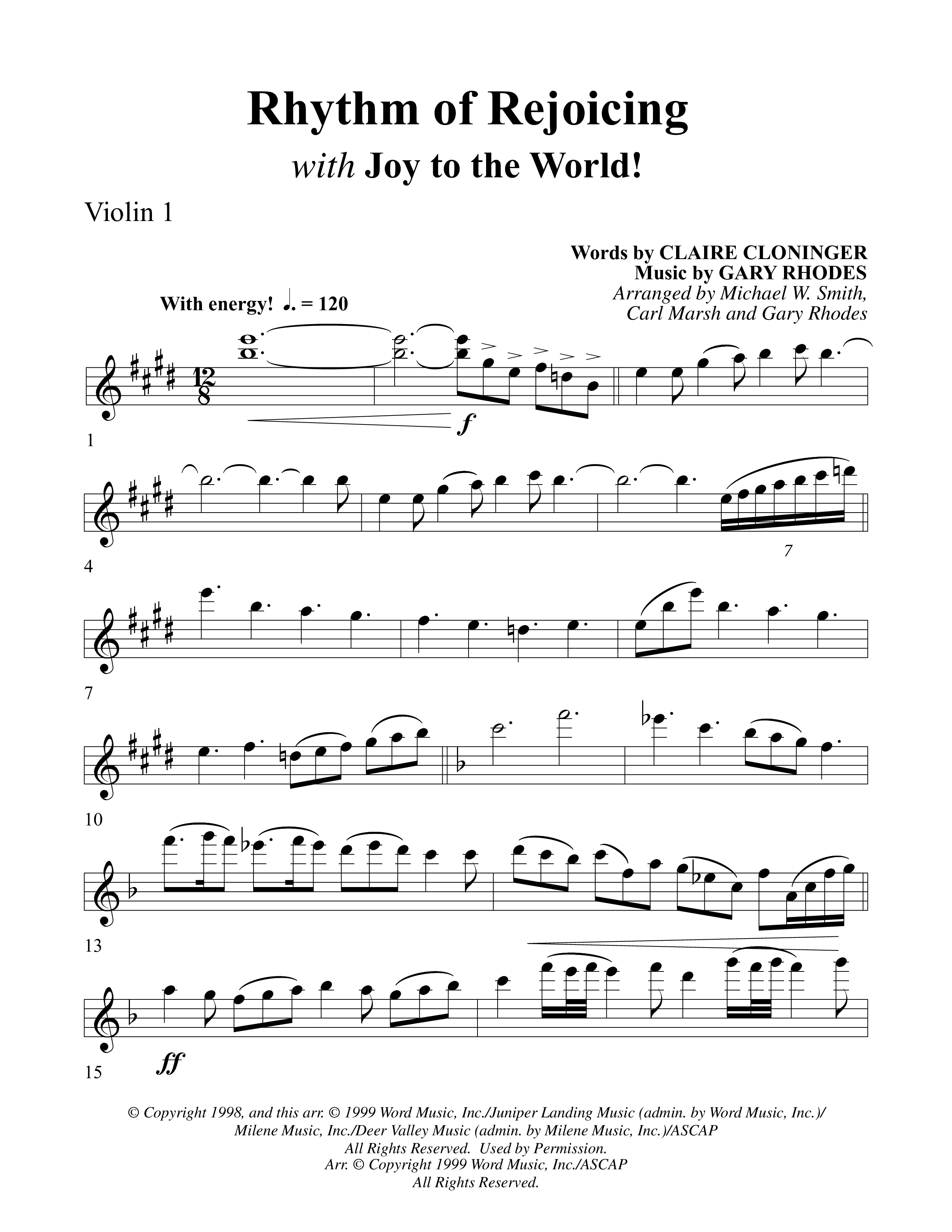 Rhythm Of Rejoicing (with Joy To The World) (Choral Anthem) Violin 1 (Word Music Choral)
