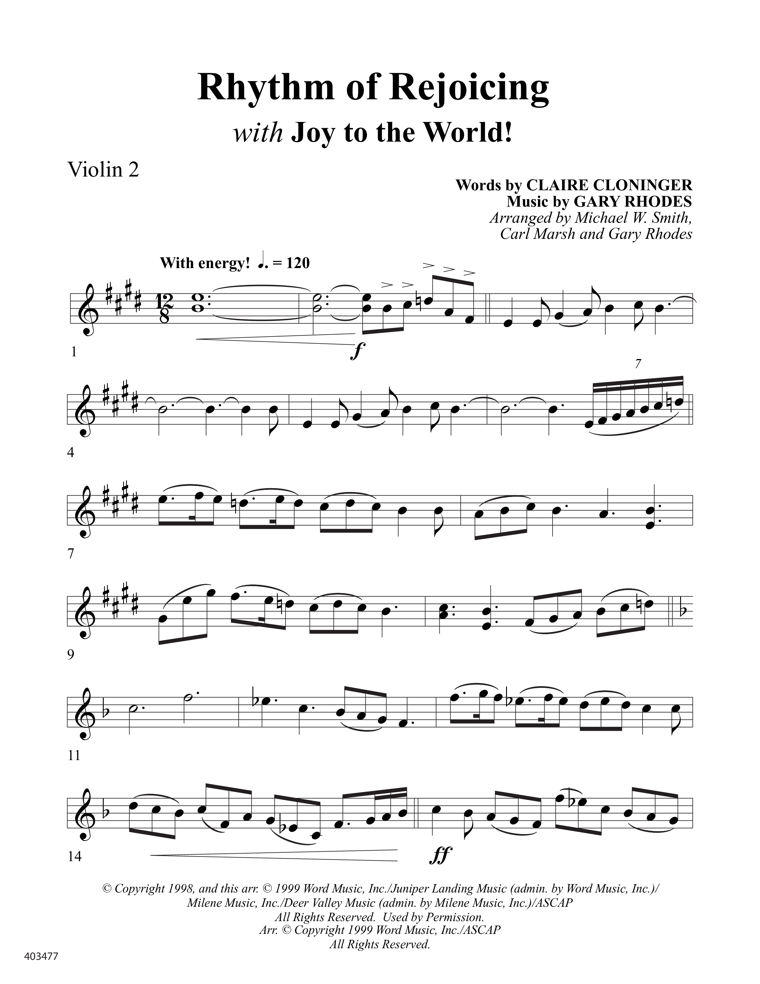 Rhythm Of Rejoicing (with Joy To The World) (Choral Anthem) Violin 2 (Word Music Choral)