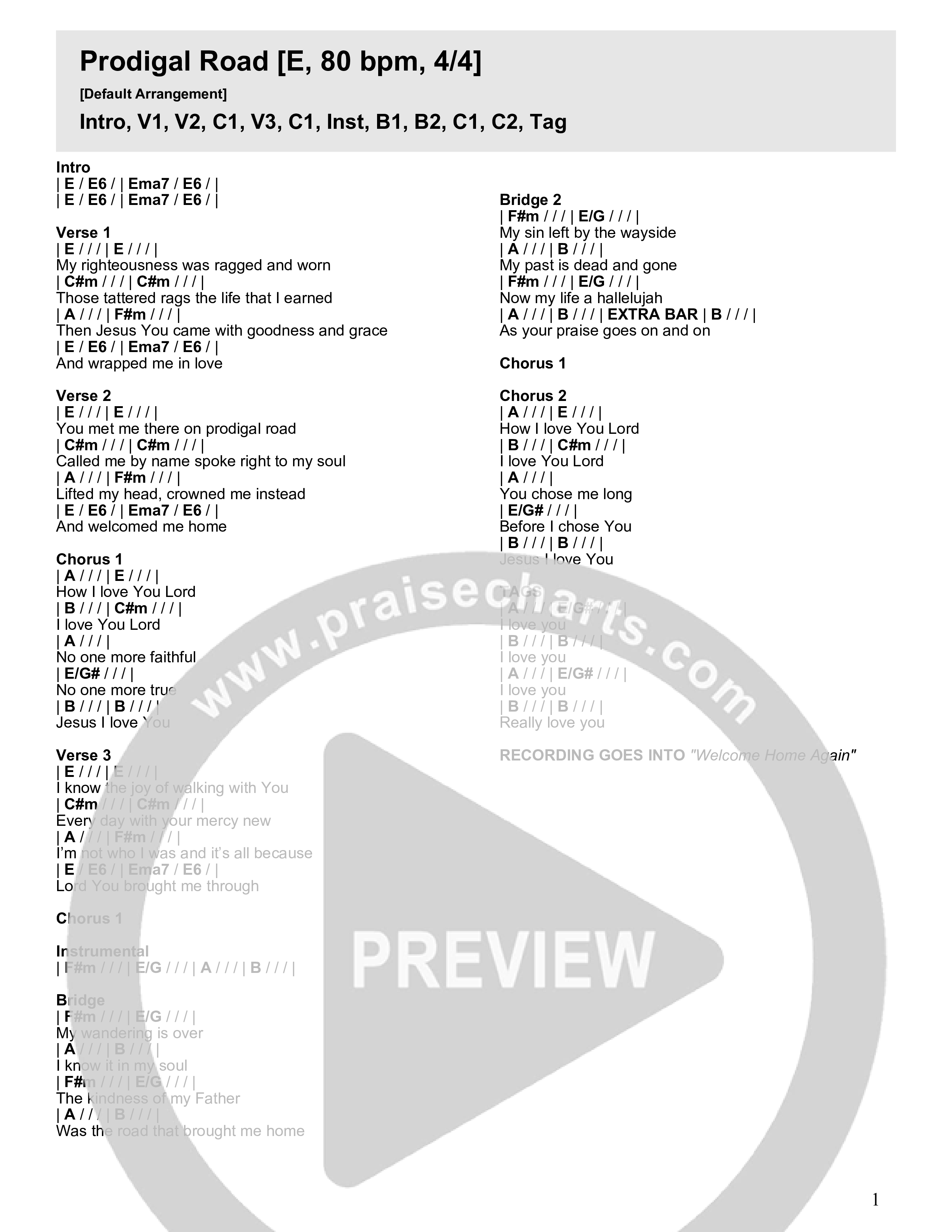 Prodigal Road Chord Chart (River Valley Worship / Ben Cruse / Ryan Williams)
