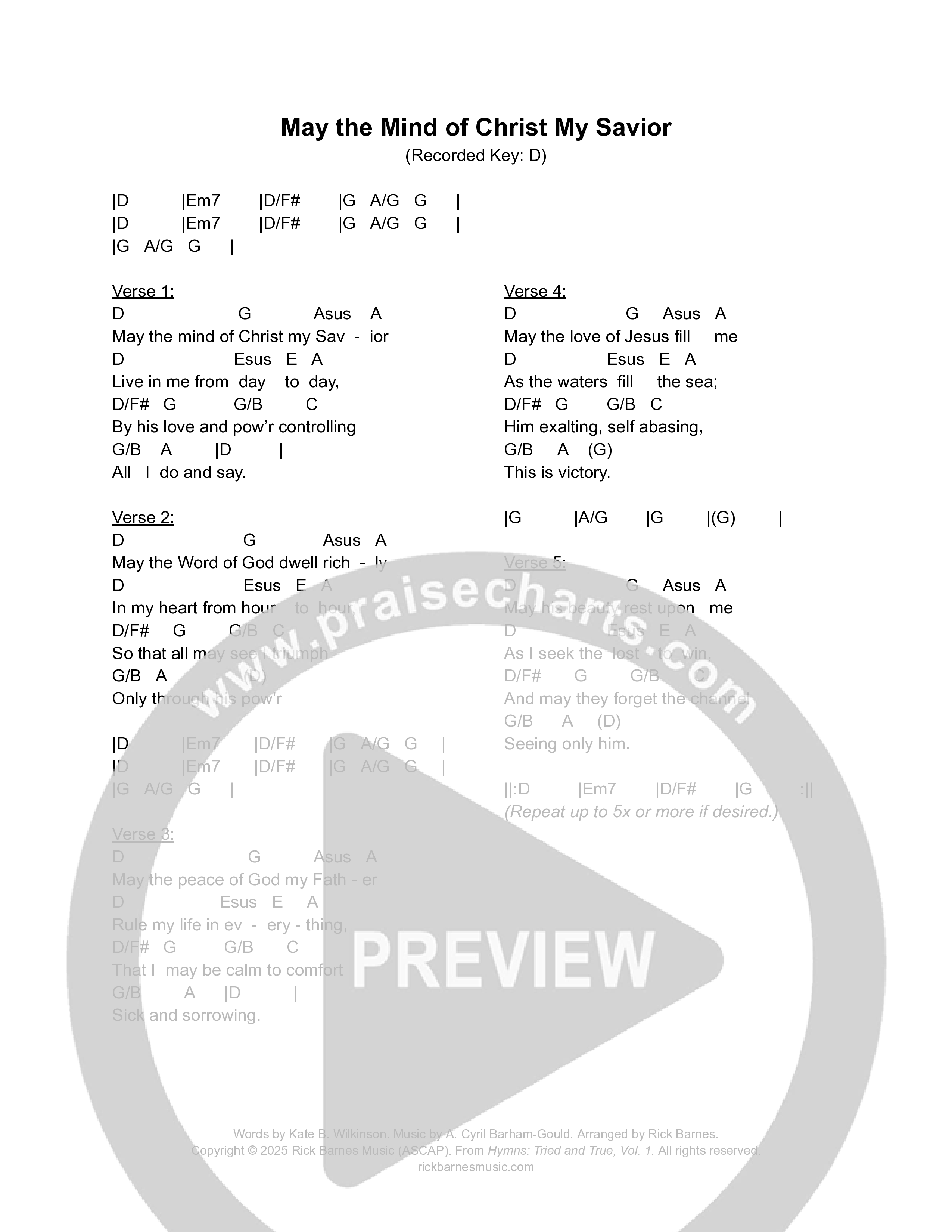 May The Mind Of Christ My Savior Chord Chart (Rick Barnes)