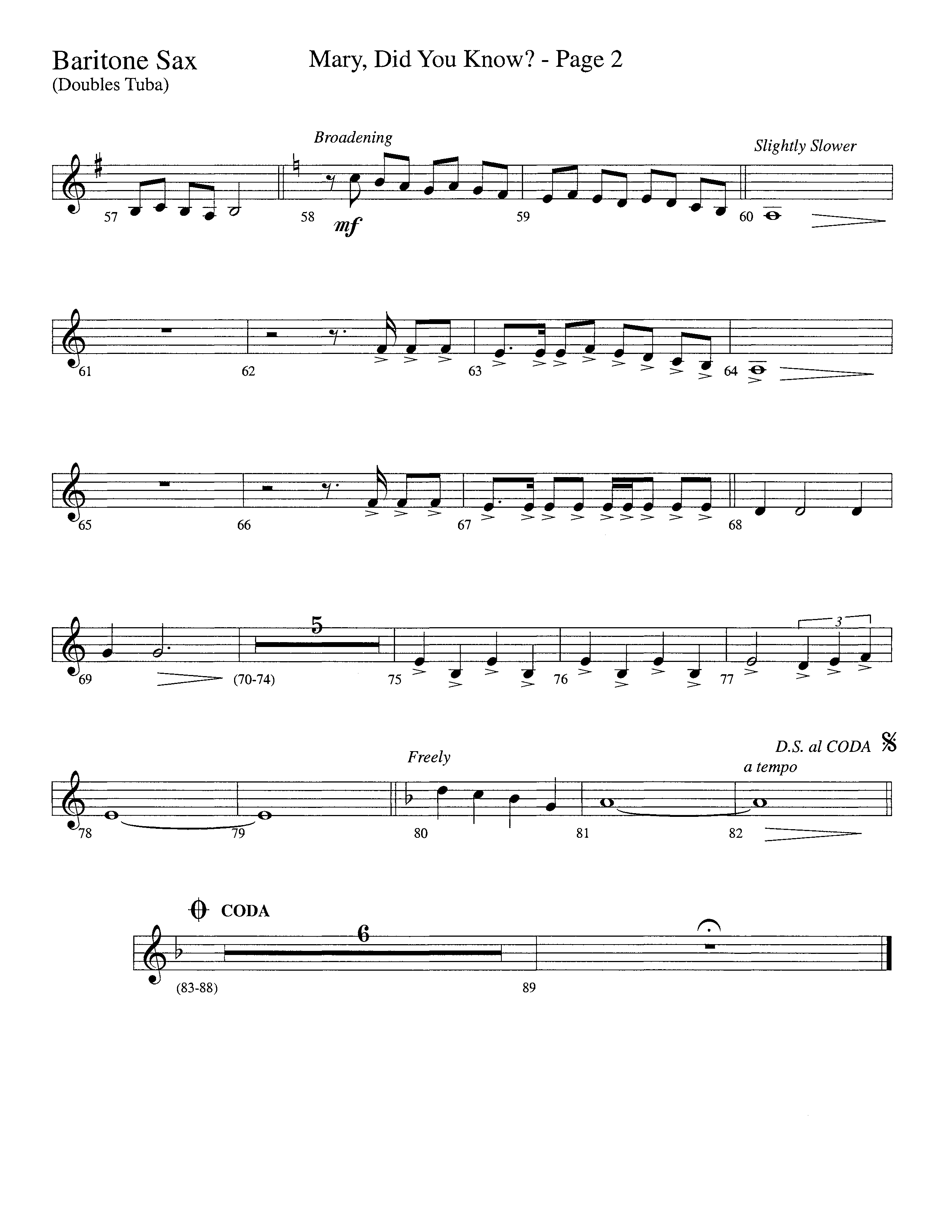 Mary Did You Know (Choral Anthem SATB) Bari Sax (Word Music Choral / Arr. Bruce Greer)