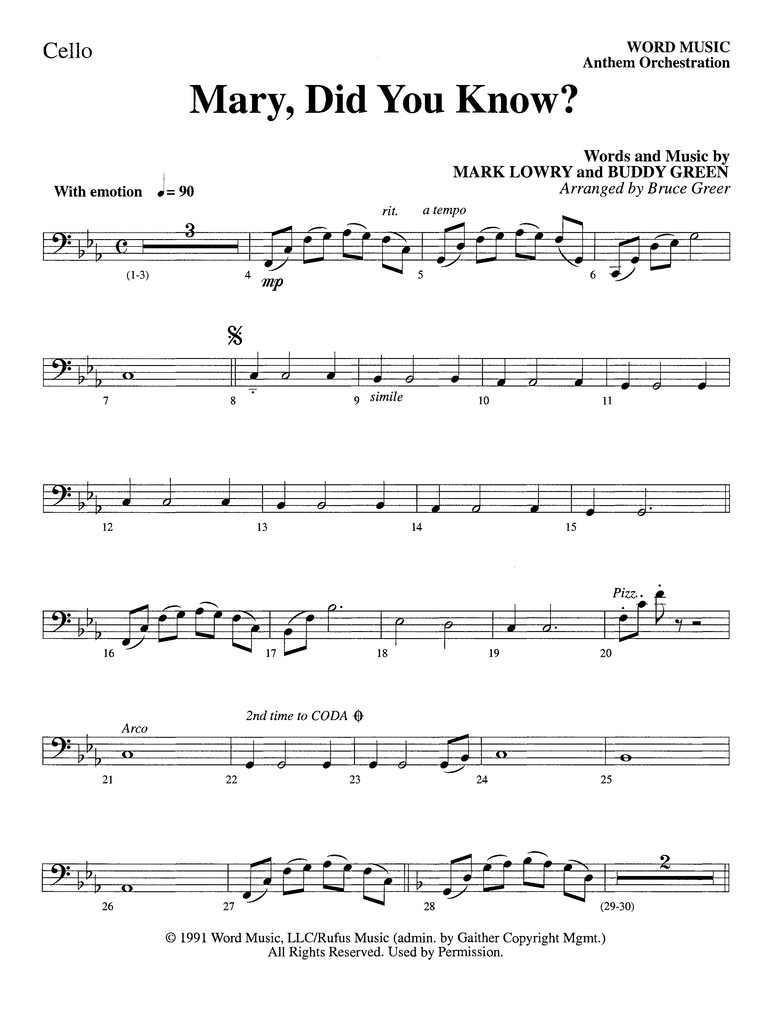 Mary Did You Know (Choral Anthem SATB) Cello (Word Music Choral / Arr. Bruce Greer)