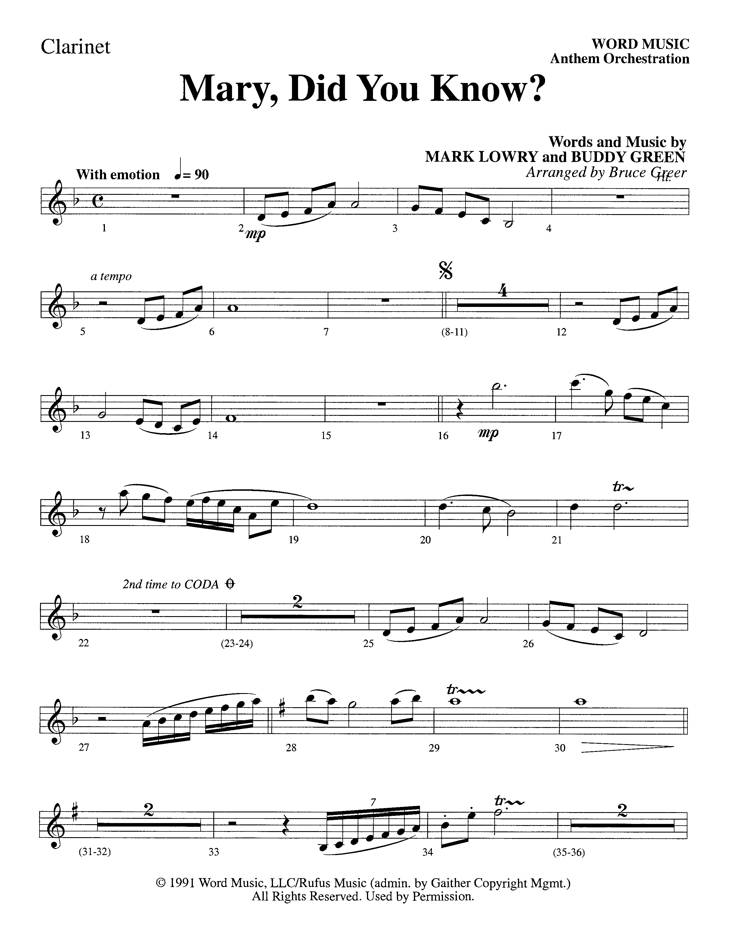 Mary Did You Know (Choral Anthem SATB) Clarinet (Word Music Choral / Arr. Bruce Greer)