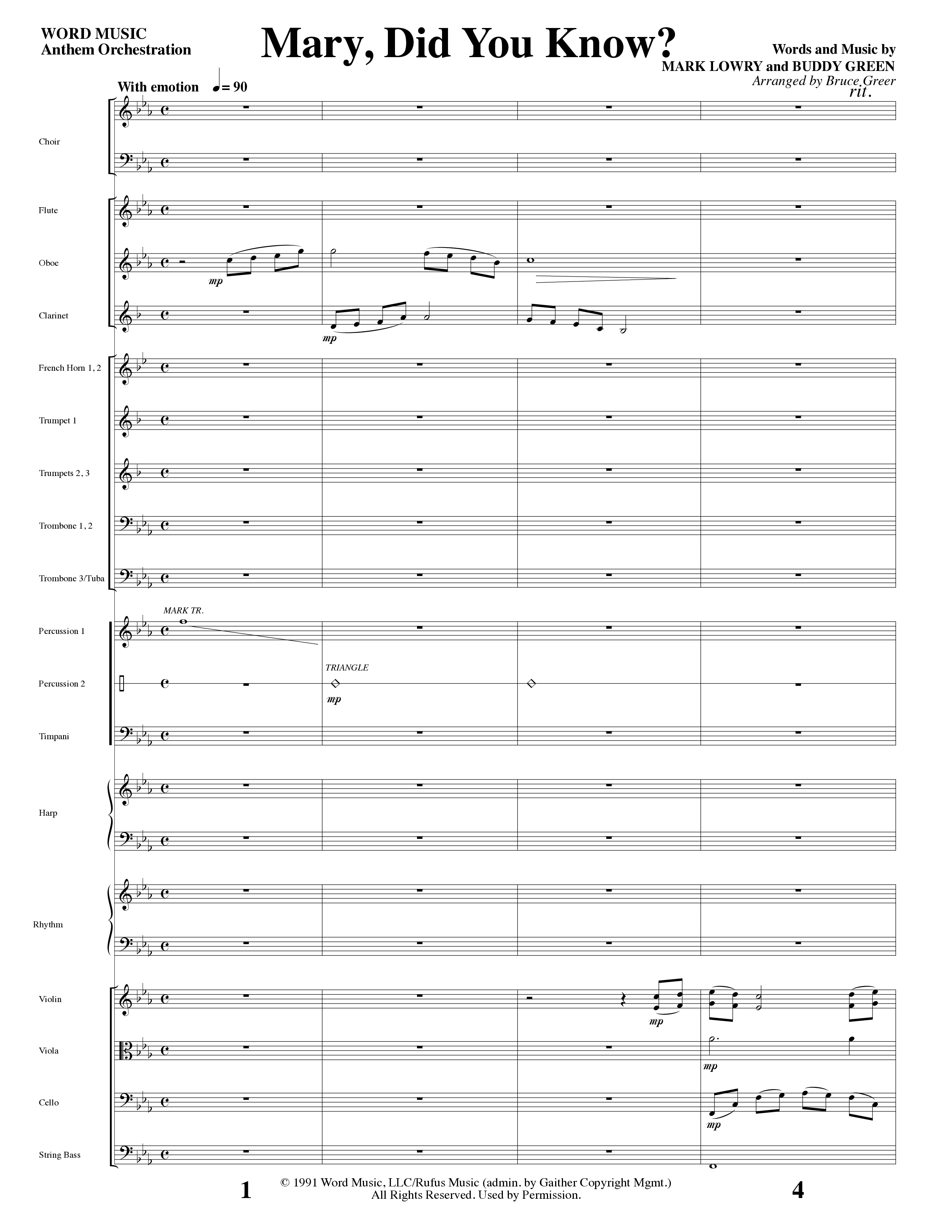 Mary Did You Know (Choral Anthem SATB) Orchestration (Word Music Choral / Arr. Bruce Greer)