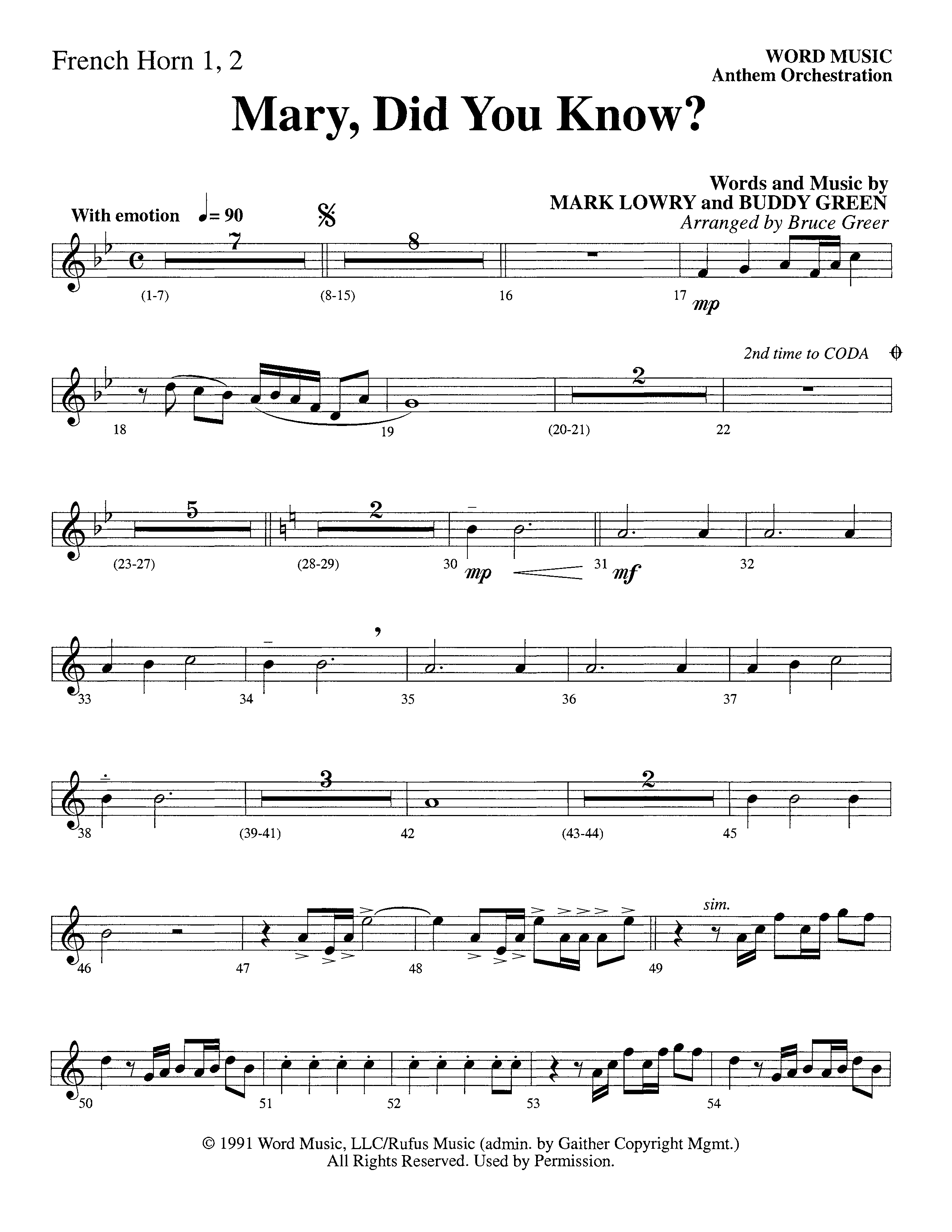 Mary Did You Know (Choral Anthem SATB) French Horn 1/2 (Word Music Choral / Arr. Bruce Greer)