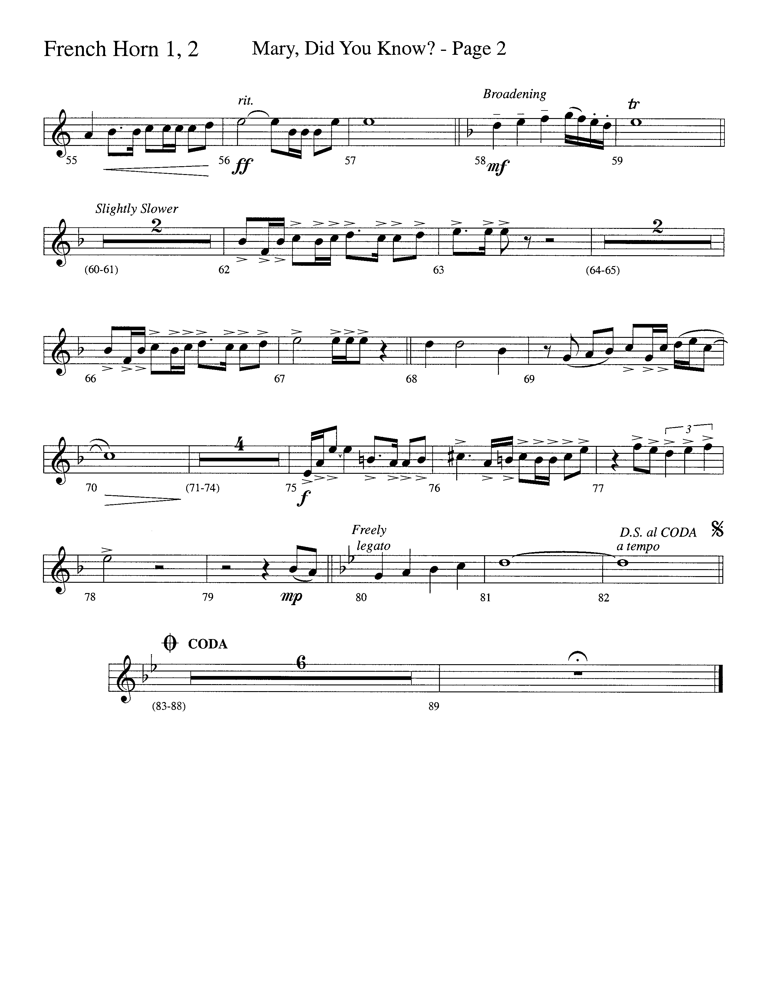 Mary Did You Know (Choral Anthem SATB) French Horn 1/2 (Word Music Choral / Arr. Bruce Greer)