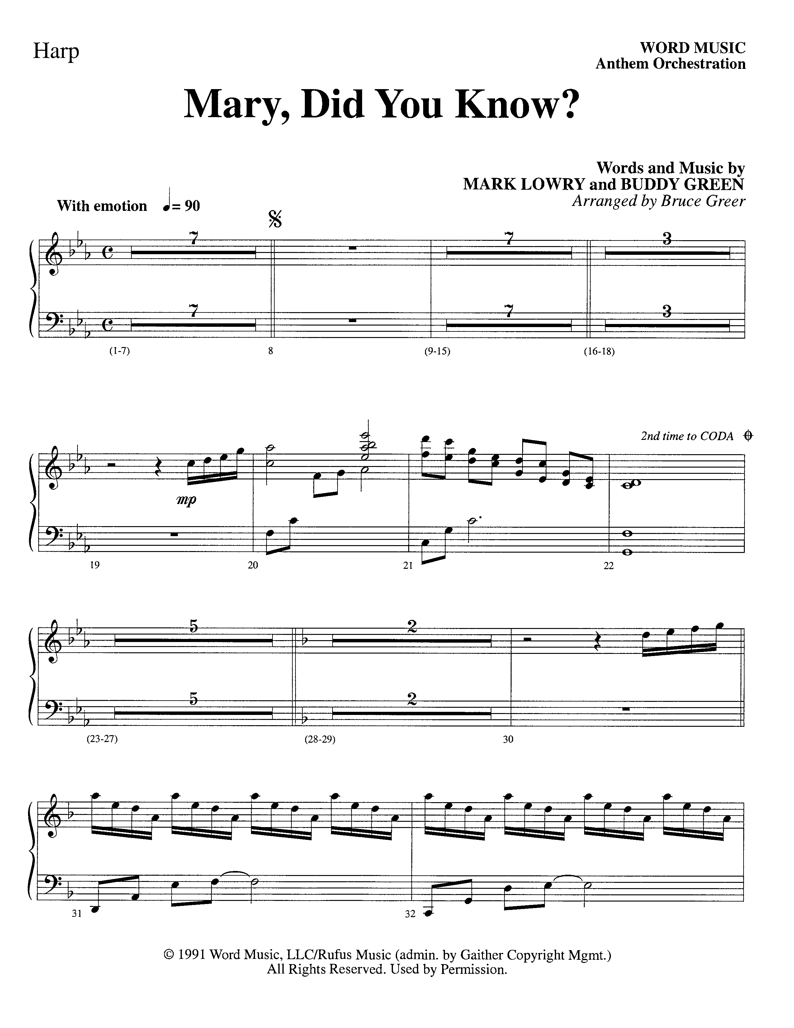 Mary Did You Know (Choral Anthem SATB) Harp (Word Music Choral / Arr. Bruce Greer)