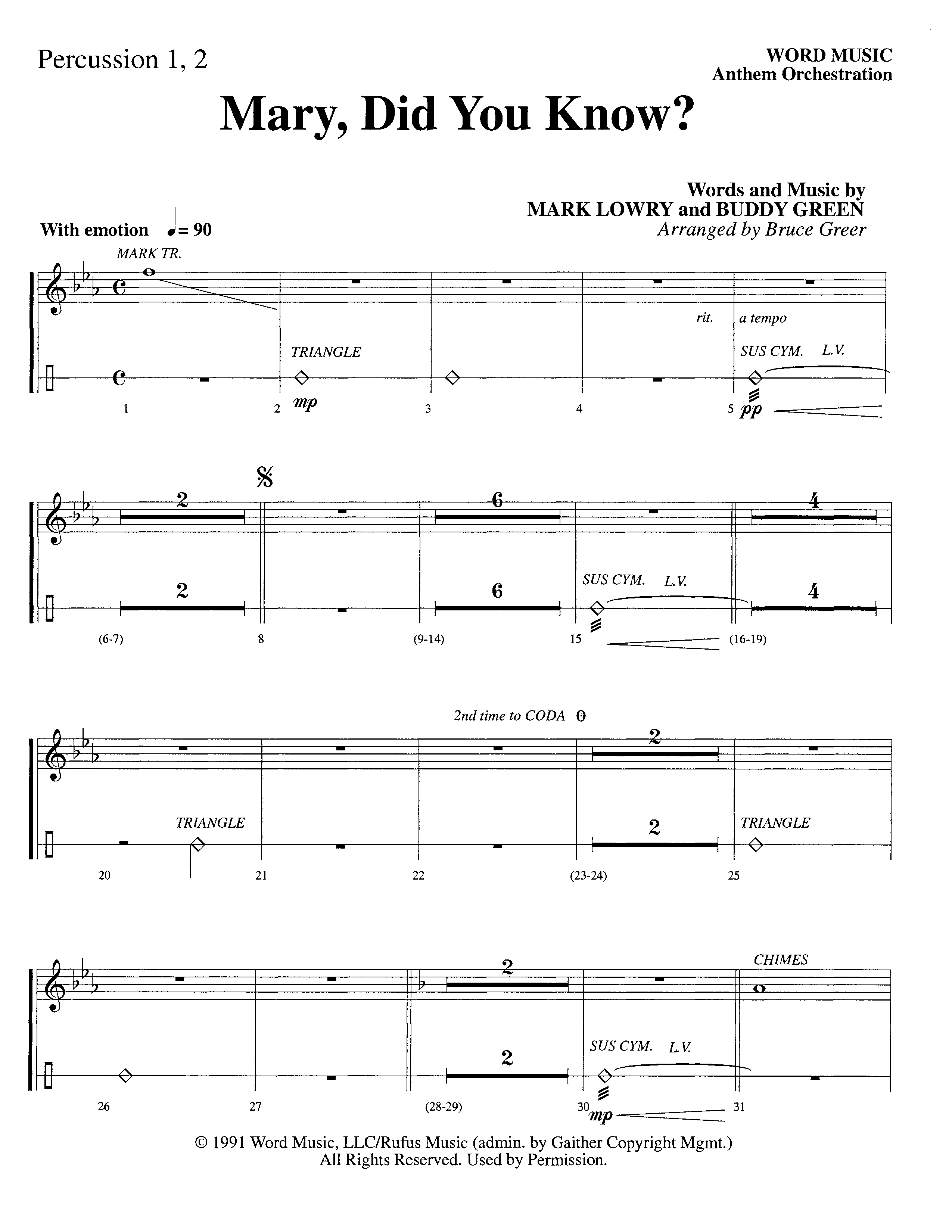 Mary Did You Know (Choral Anthem SATB) Percussion 1/2 (Word Music Choral / Arr. Bruce Greer)