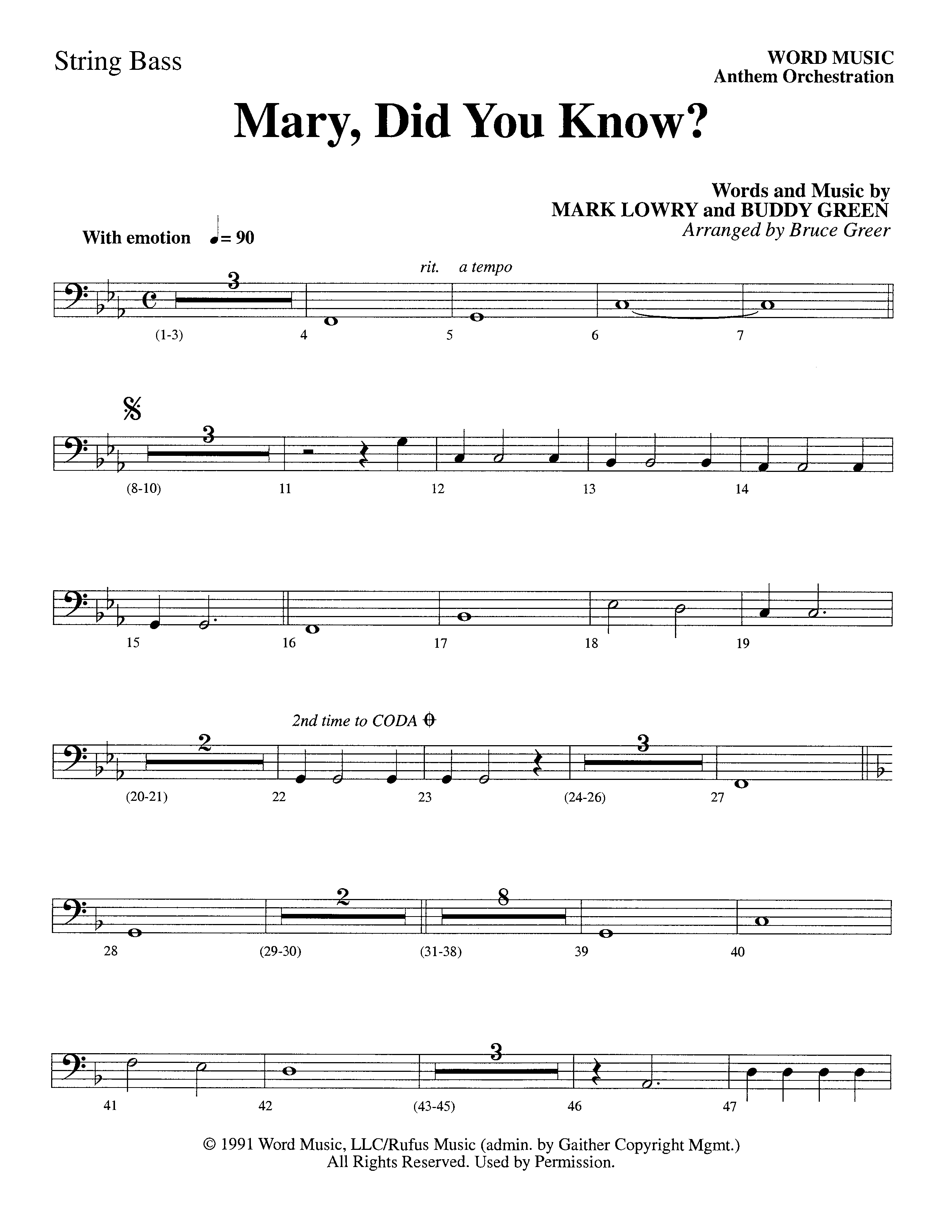Mary Did You Know (Choral Anthem SATB) String Bass (Word Music Choral / Arr. Bruce Greer)