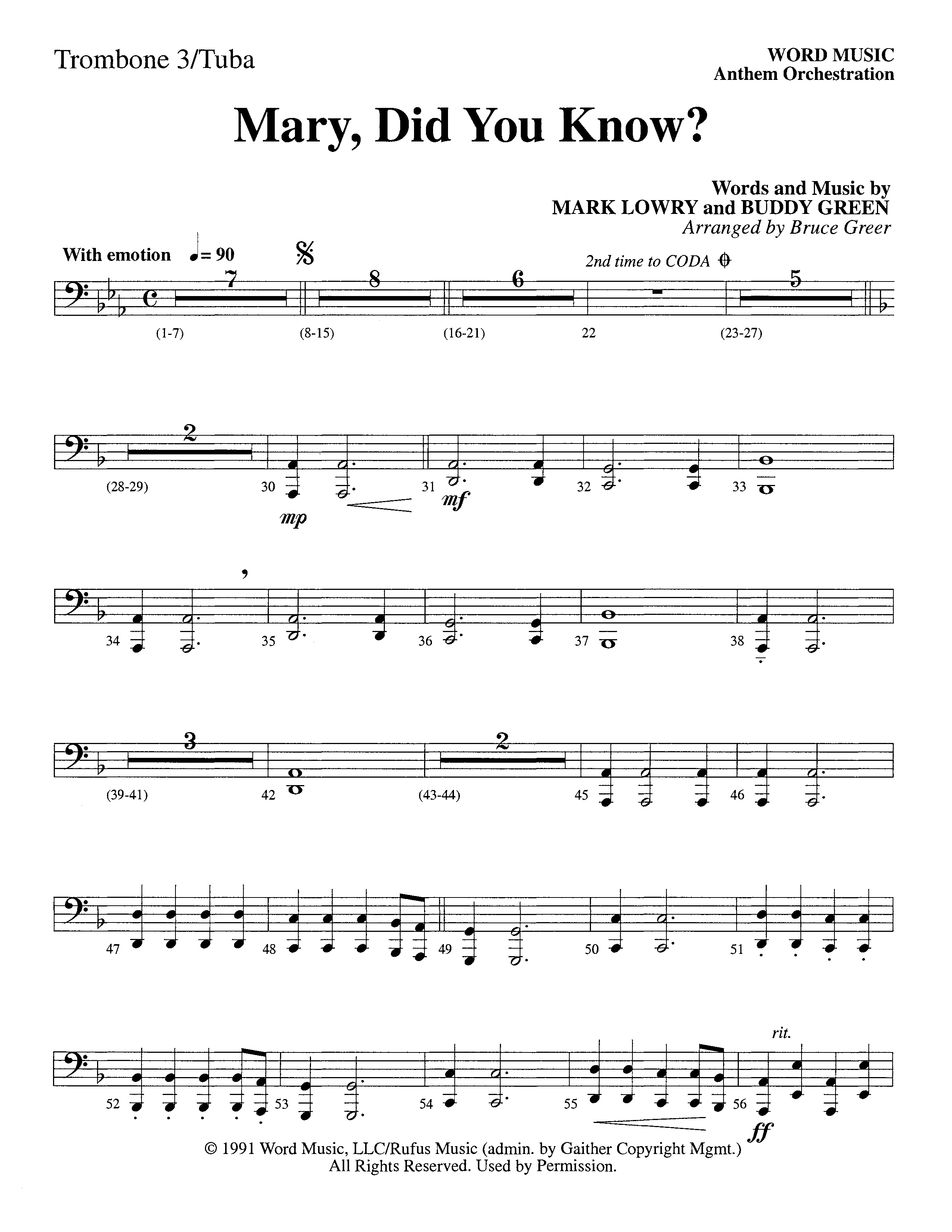 Mary Did You Know (Choral Anthem SATB) Trombone 3/Tuba (Word Music Choral / Arr. Bruce Greer)