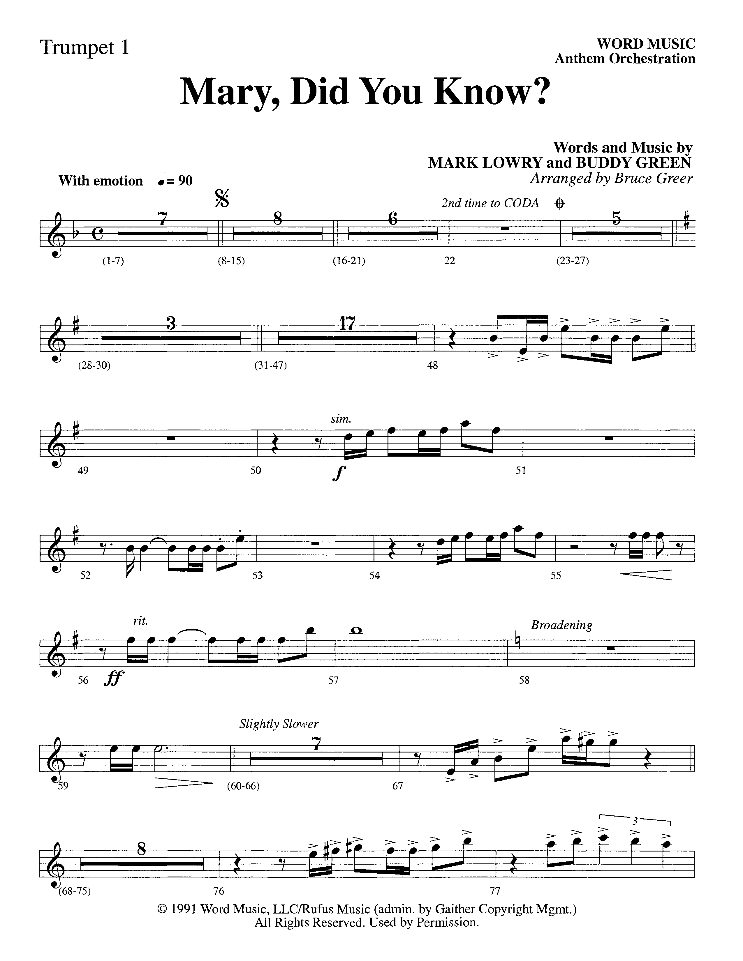 Mary Did You Know (Choral Anthem SATB) Trumpet 1 (Word Music Choral / Arr. Bruce Greer)
