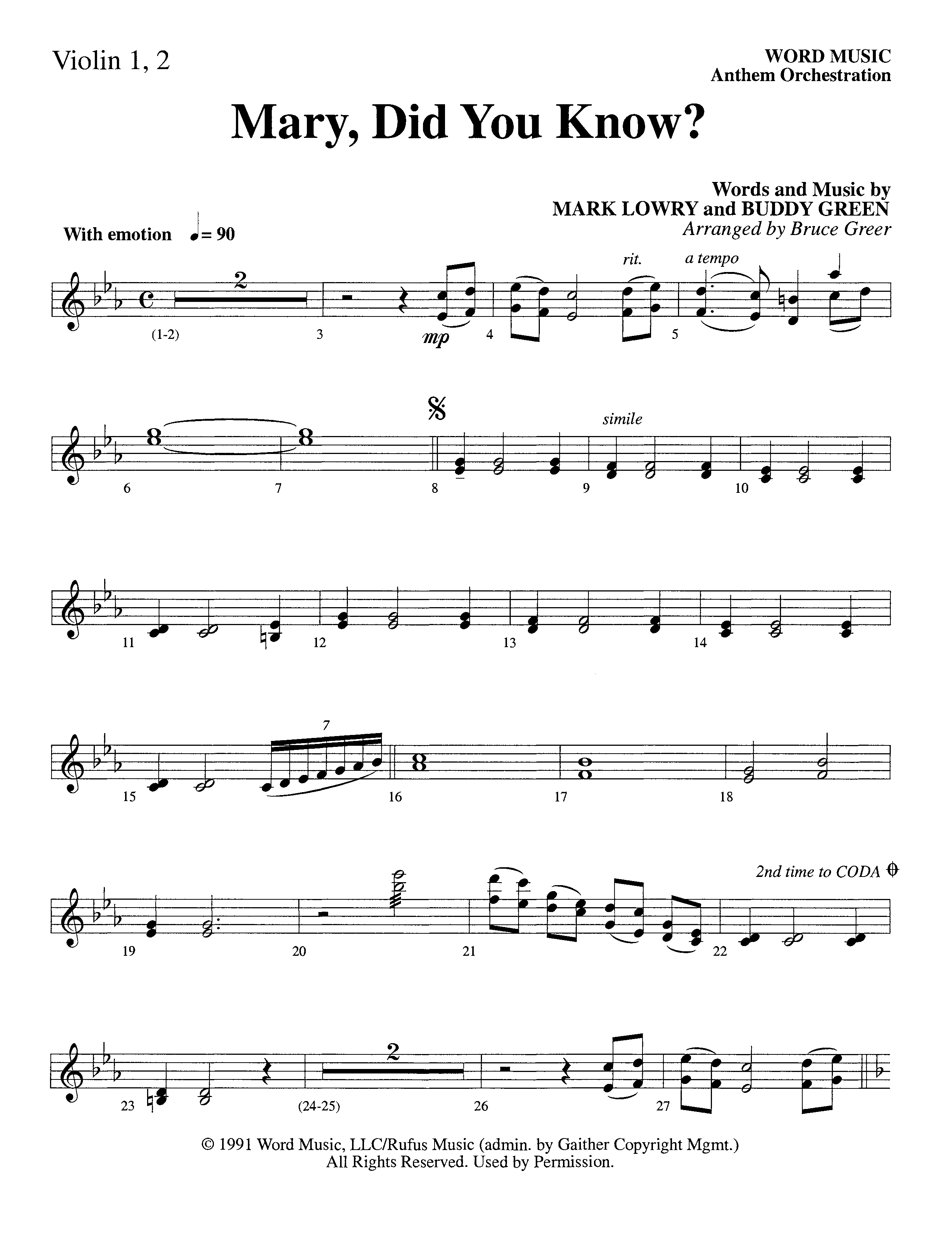 Mary Did You Know (Choral Anthem SATB) Violin 1/2 (Word Music Choral / Arr. Bruce Greer)