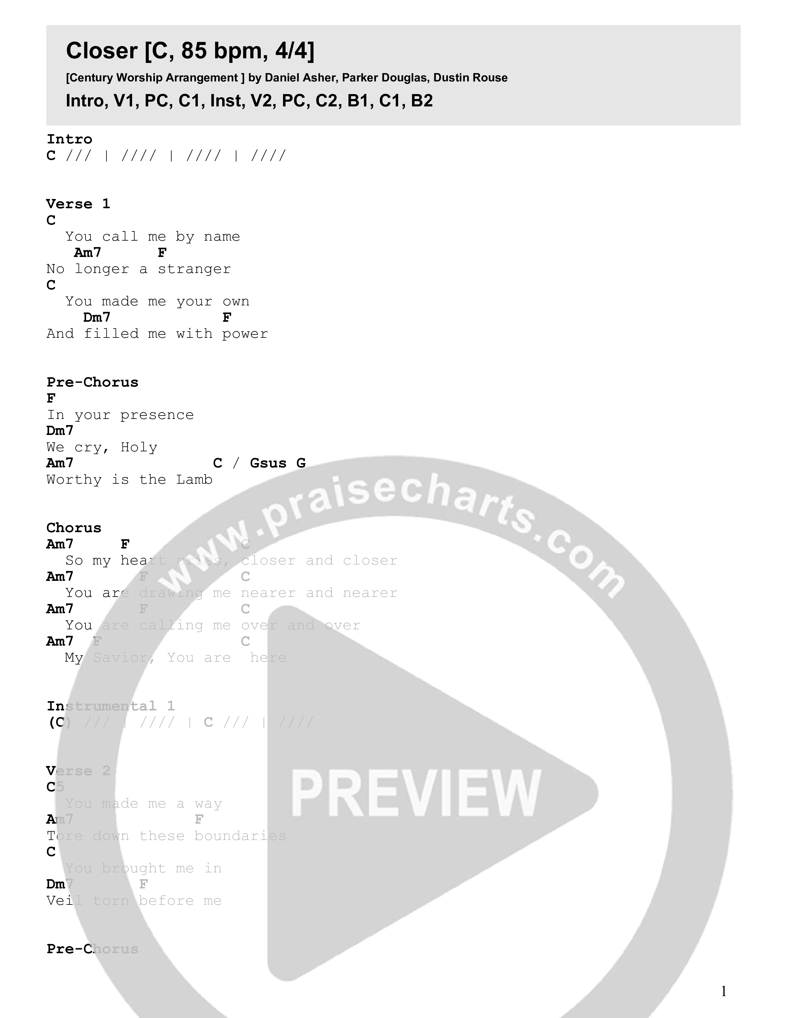 Closer Chord Chart (Century Worship)