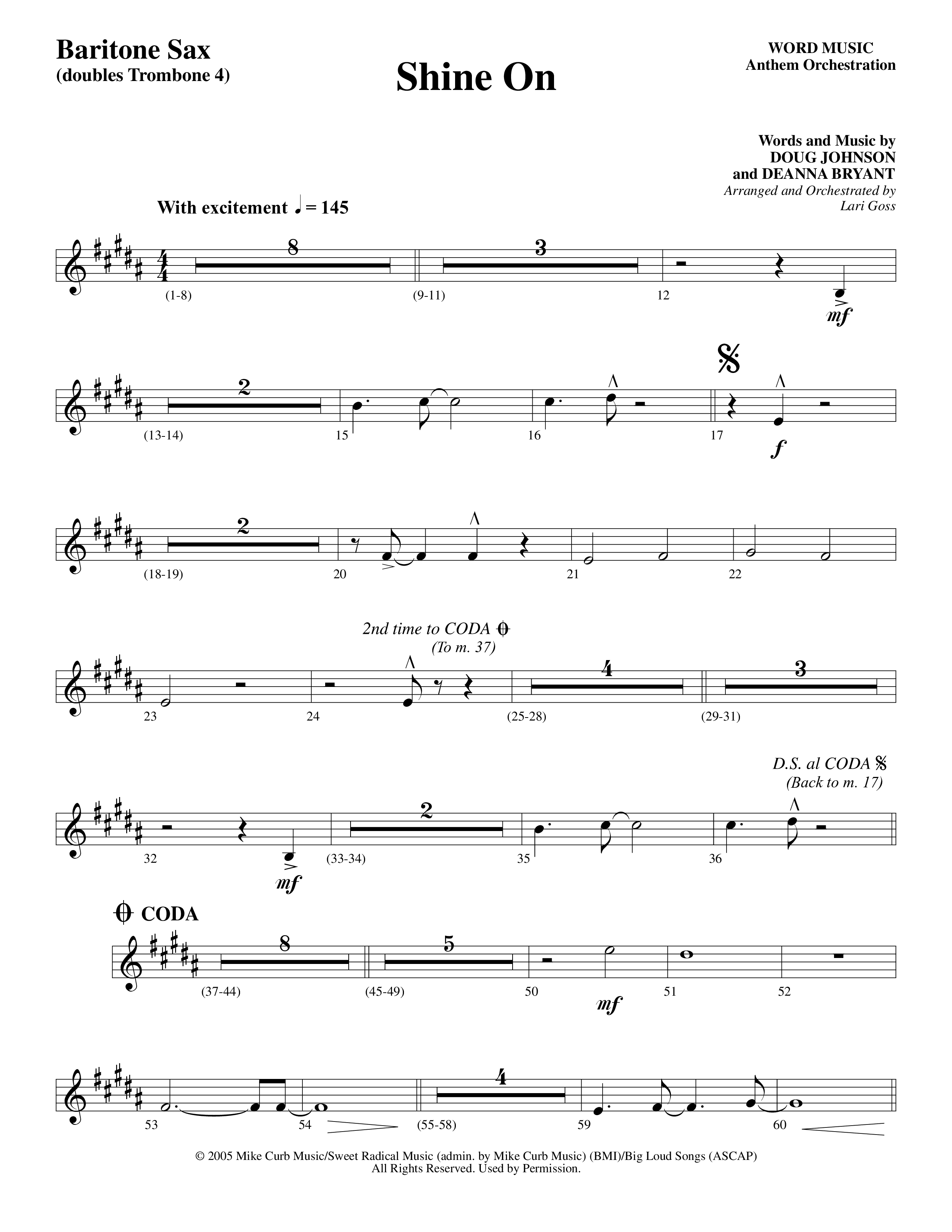 Shine On (Choral Anthem SATB) Bari Sax (Word Music Choral / Arr. Lari Goss)