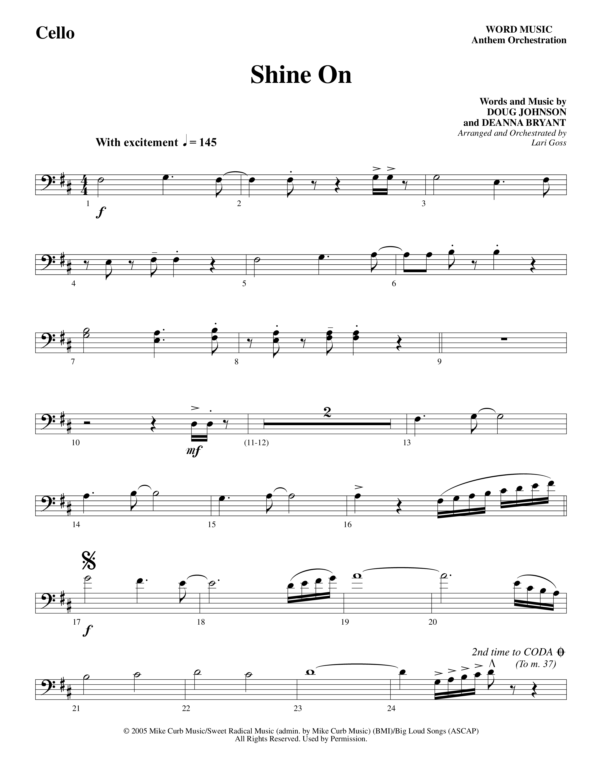 Shine On (Choral Anthem SATB) Cello (Word Music Choral / Arr. Lari Goss)
