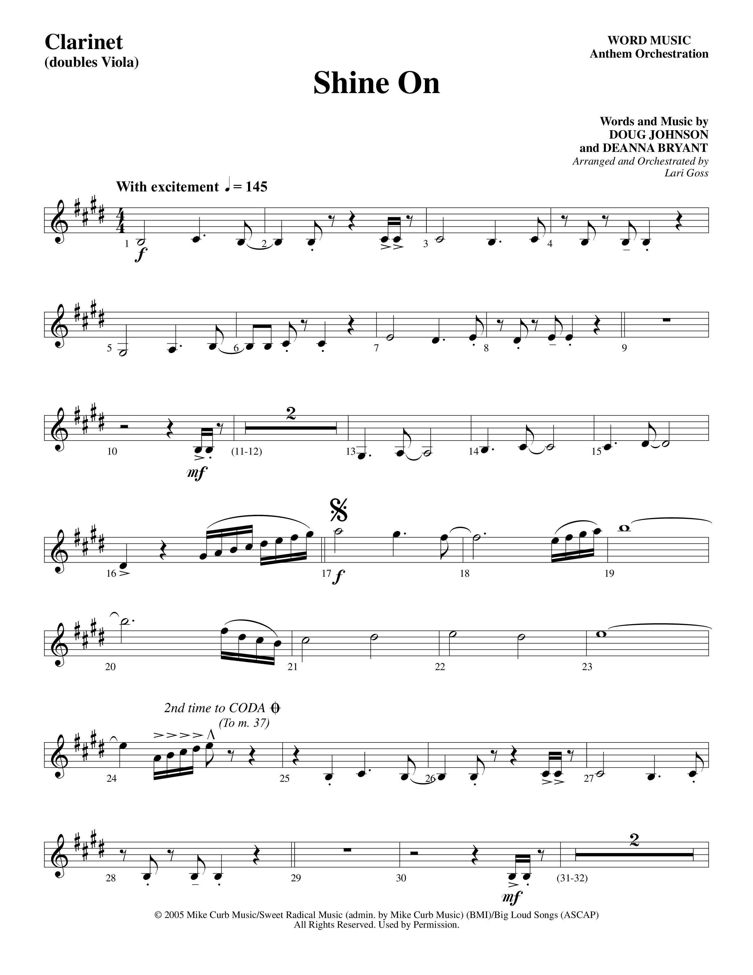 Shine On (Choral Anthem SATB) Clarinet (Word Music Choral / Arr. Lari Goss)