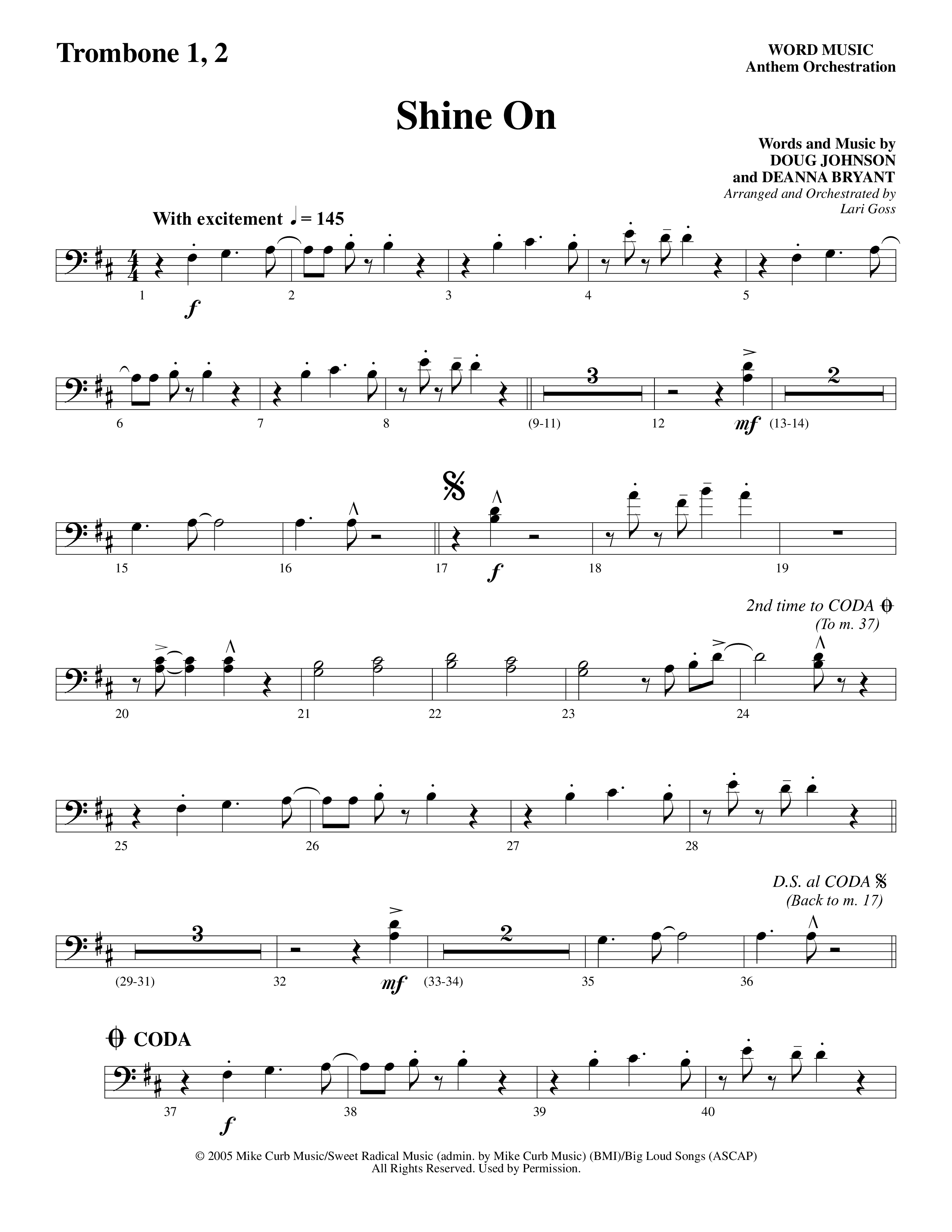 Shine On (Choral Anthem SATB) Trombone 1/2 (Word Music Choral / Arr. Lari Goss)