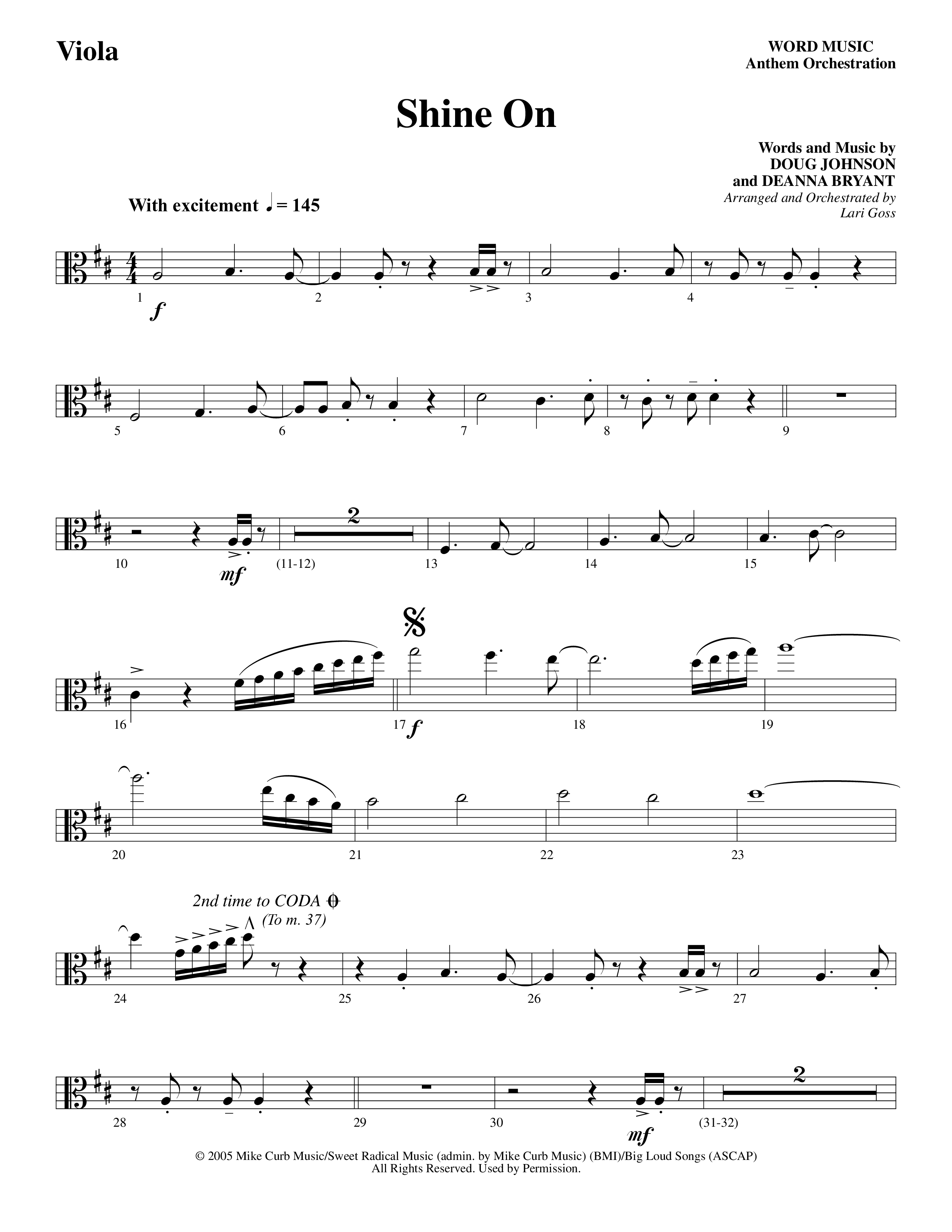 Shine On (Choral Anthem SATB) Viola (Word Music Choral / Arr. Lari Goss)