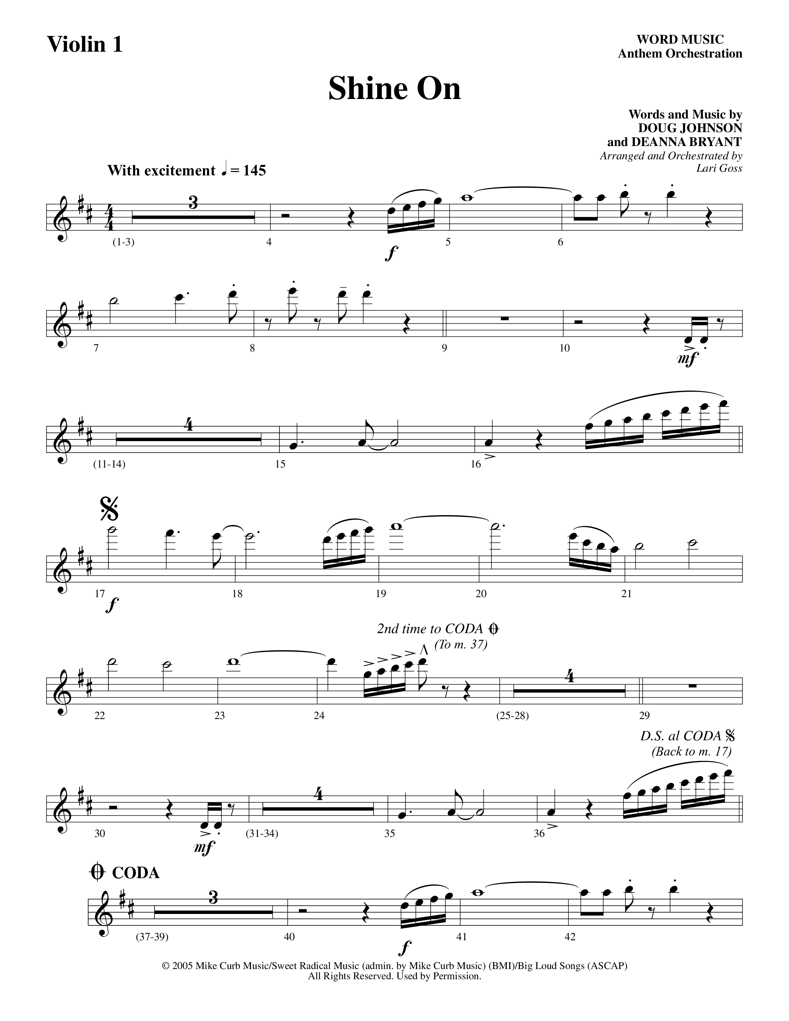 Shine On (Choral Anthem SATB) Violin 1 (Word Music Choral / Arr. Lari Goss)