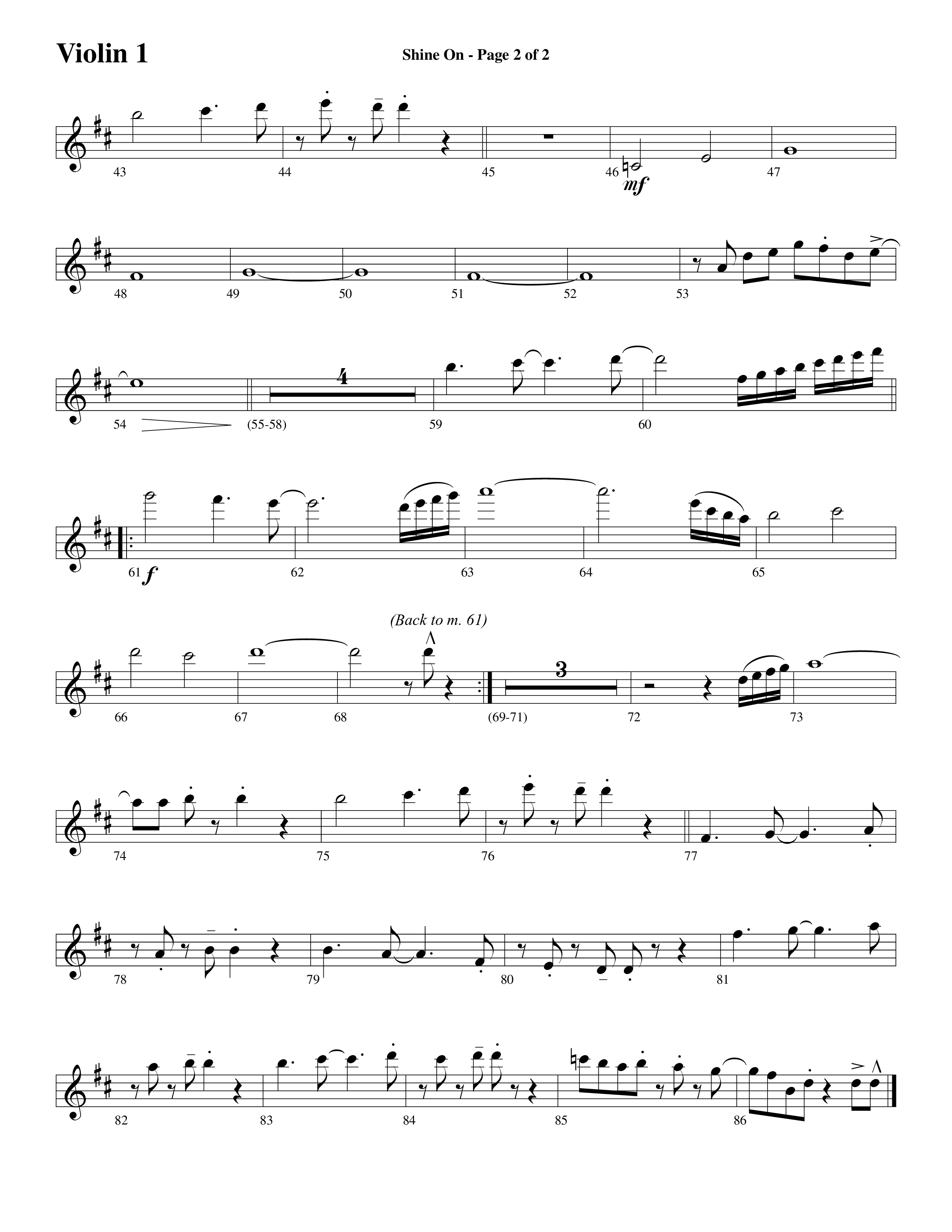 Shine On (Choral Anthem SATB) Violin 1 (Word Music Choral / Arr. Lari Goss)