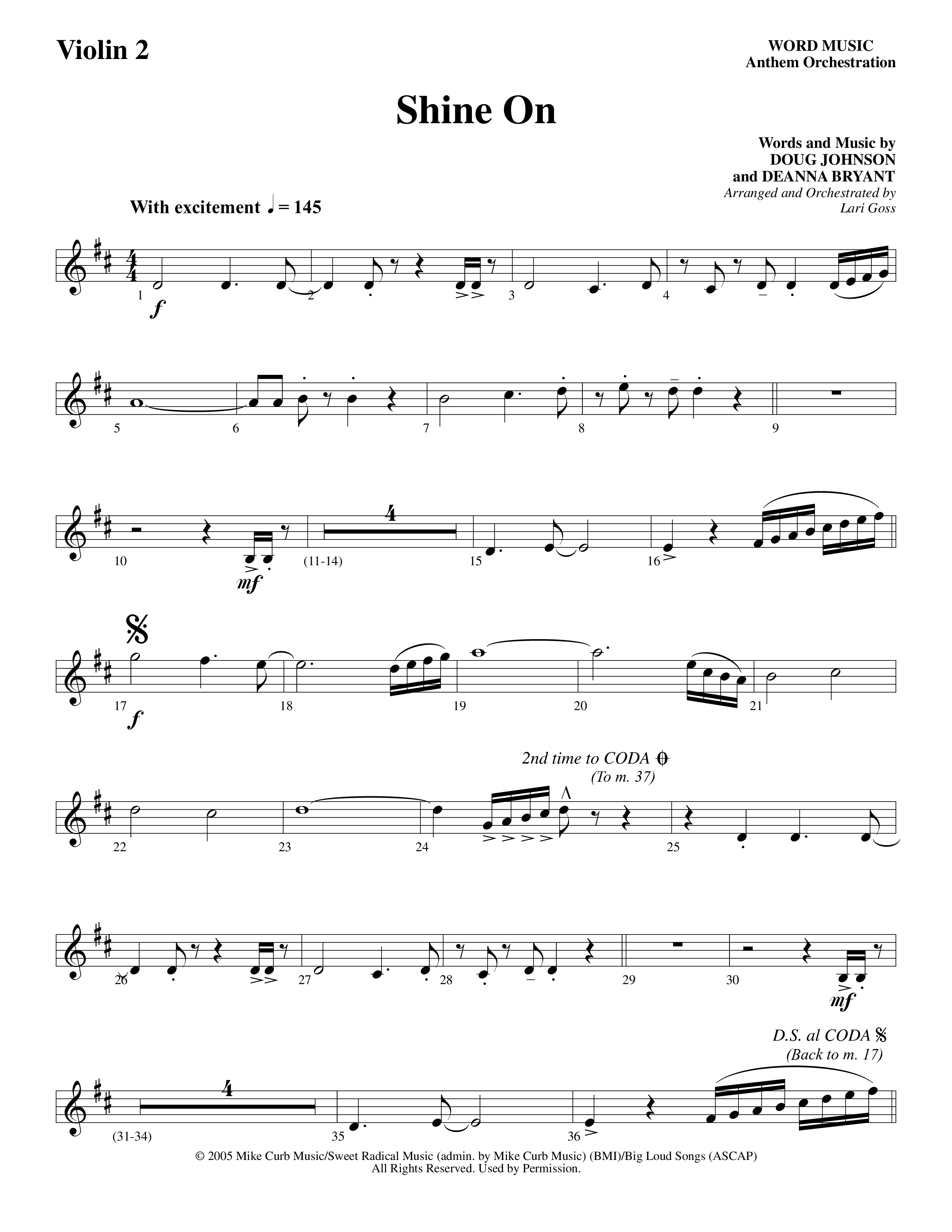 Shine On (Choral Anthem SATB) Violin 2 (Word Music Choral / Arr. Lari Goss)