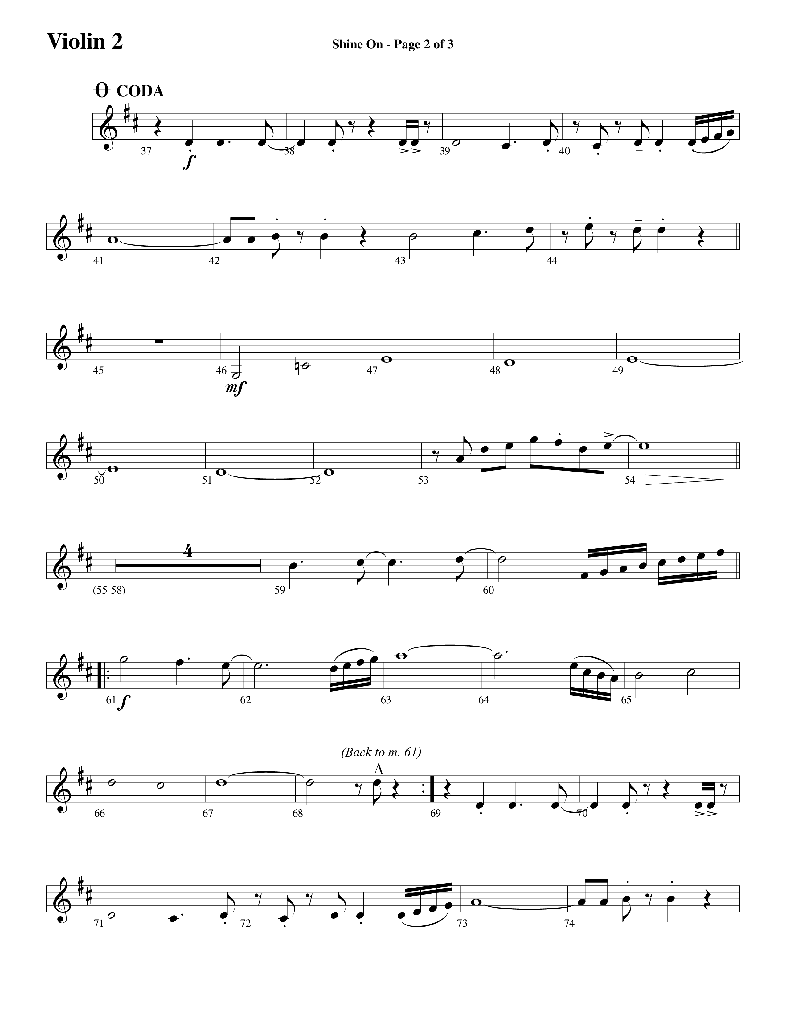 Shine On (Choral Anthem SATB) Violin 2 (Word Music Choral / Arr. Lari Goss)