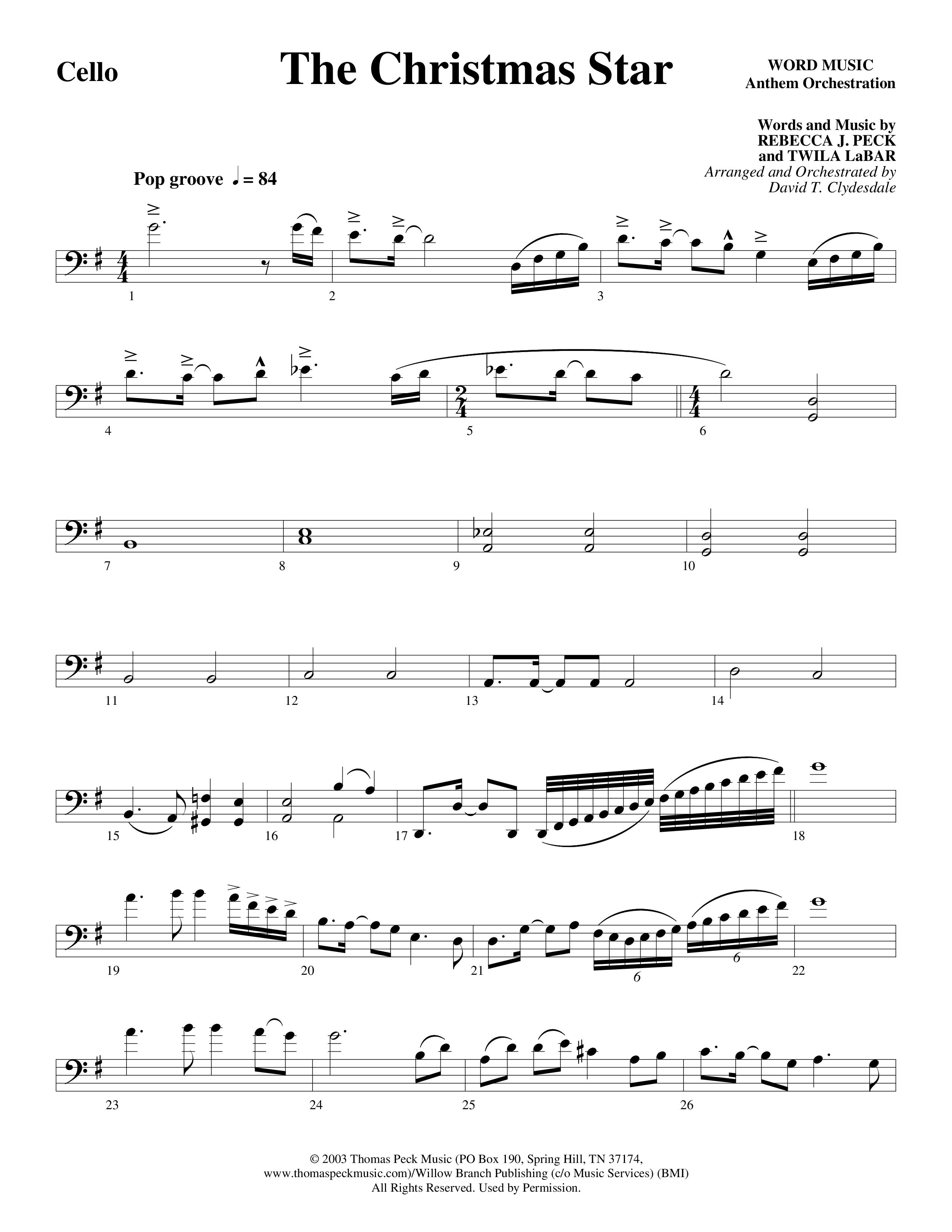 The Christmas Star (Choral Anthem SATB) Cello (Word Music Choral / Arr. David Clydesdale)