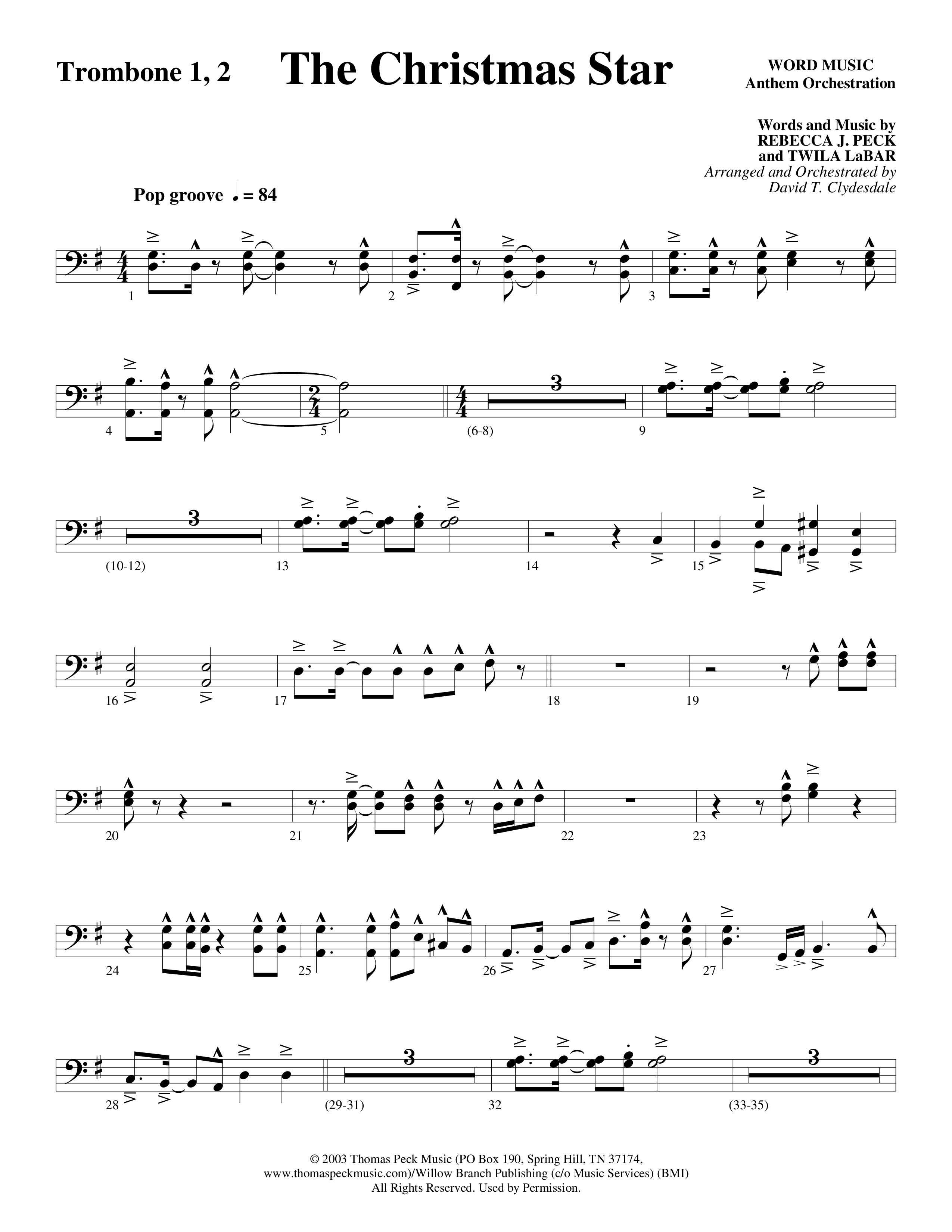 The Christmas Star (Choral Anthem SATB) Trombone 1/2 (Word Music Choral / Arr. David Clydesdale)