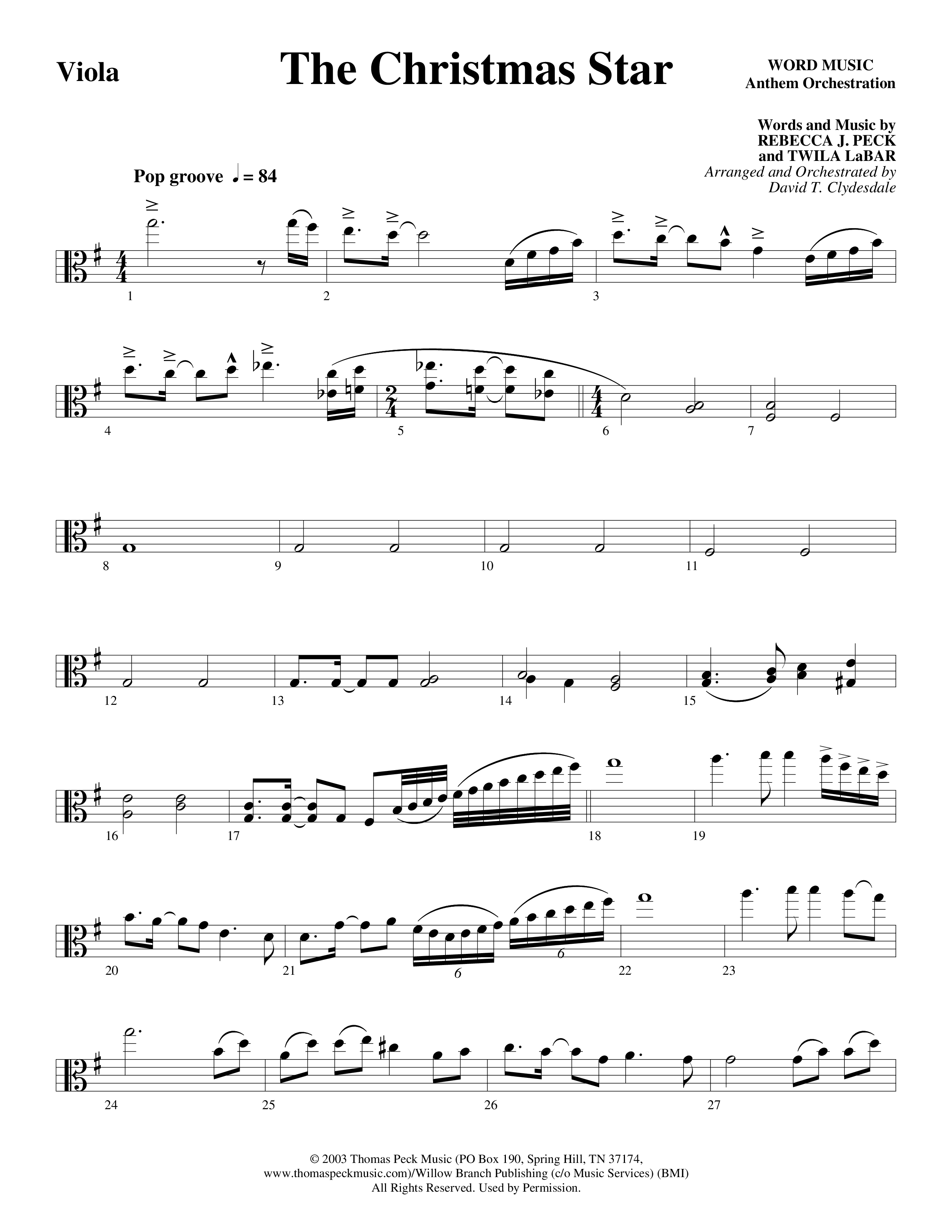 The Christmas Star (Choral Anthem SATB) Viola (Word Music Choral / Arr. David Clydesdale)