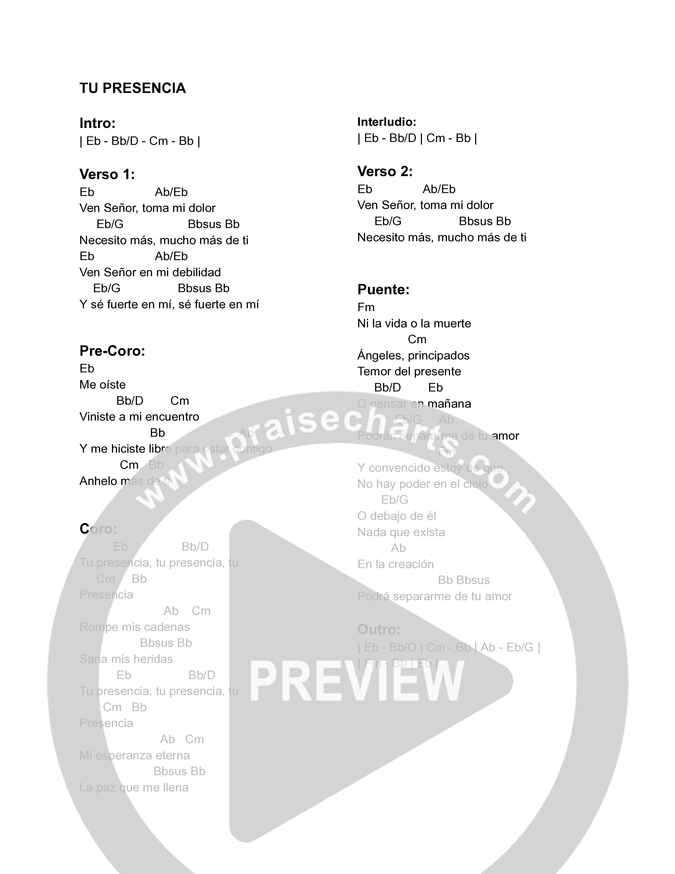 Tu Presencia Chord Chart (North Palm Worship)