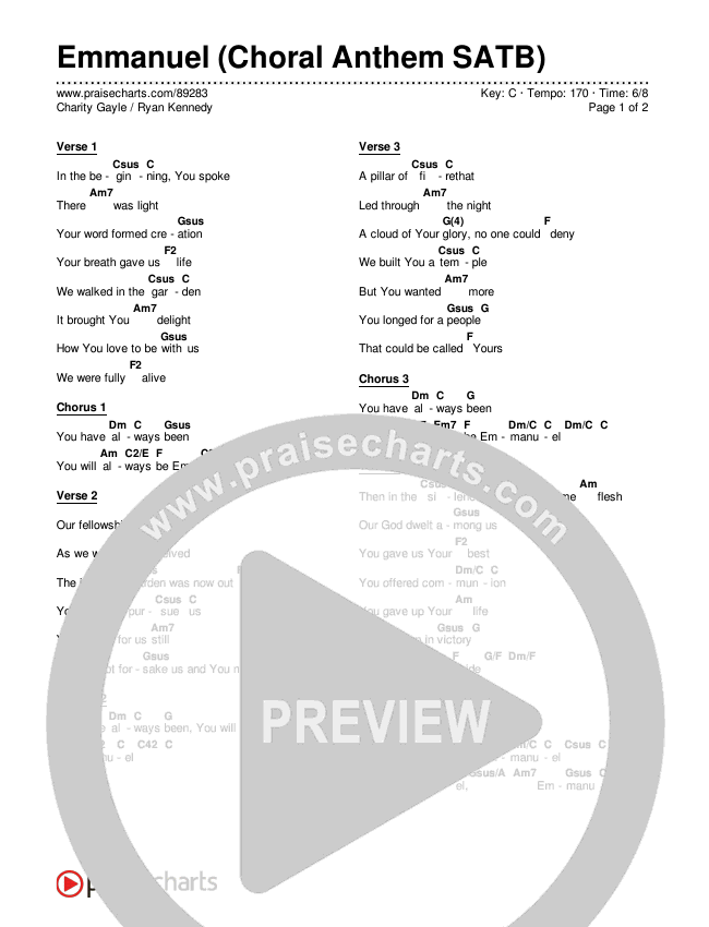 Emmanuel (Choral Anthem SATB) Chords & Lyrics (Charity Gayle / Ryan Kennedy)