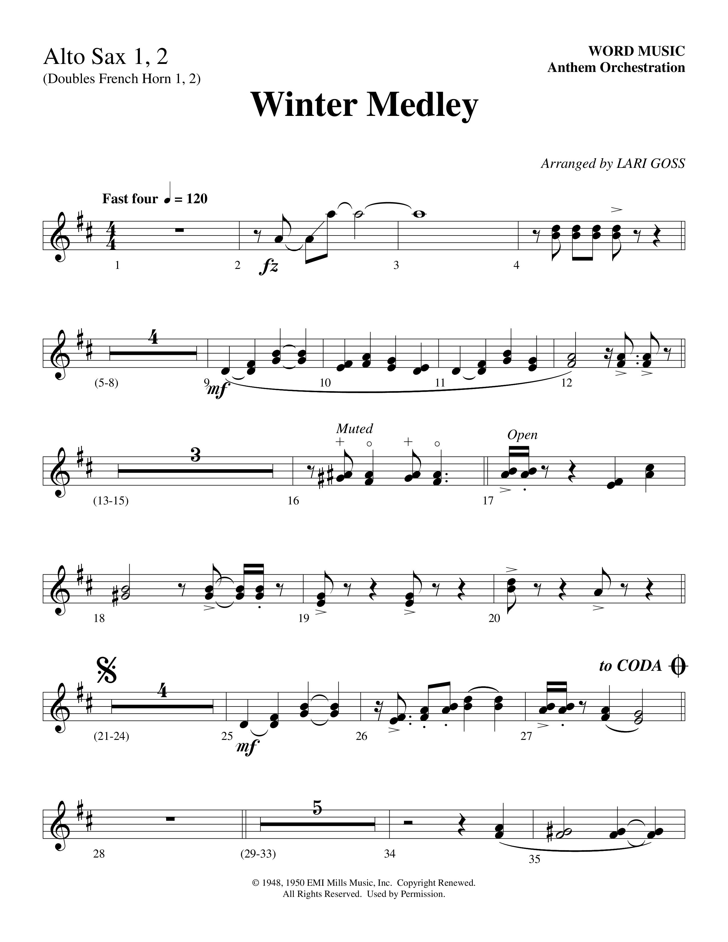 Winter Medley (with Sleigh Ride, Jingle Bells (Come On We're Going For A Sleigh Ride, Jingle Bells) (Choral Anthem SATB) Alto Sax (Word Music Choral / Arr. Lari Goss)