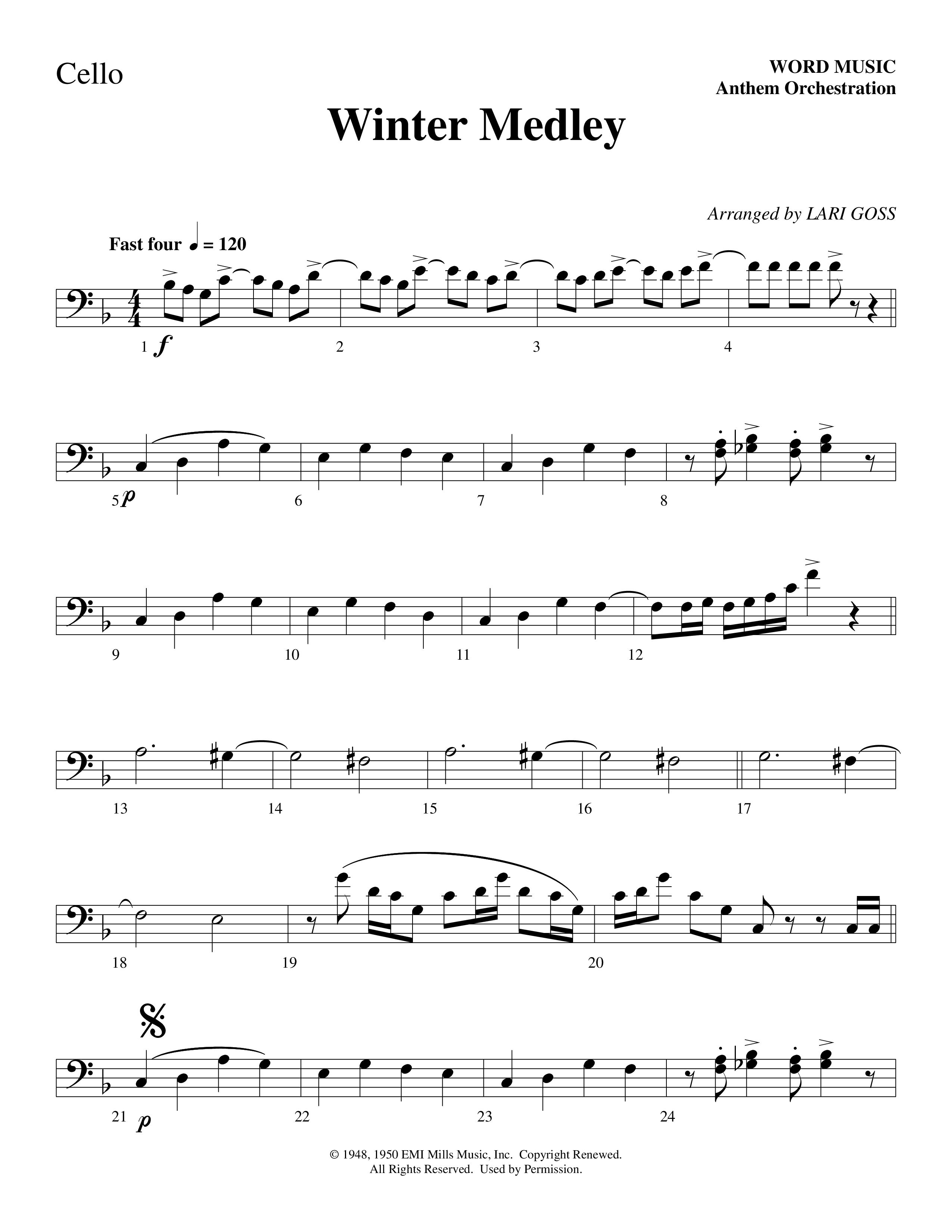 Winter Medley (with Sleigh Ride, Jingle Bells (Come On We're Going For A Sleigh Ride, Jingle Bells) (Choral Anthem SATB) Cello (Word Music Choral / Arr. Lari Goss)