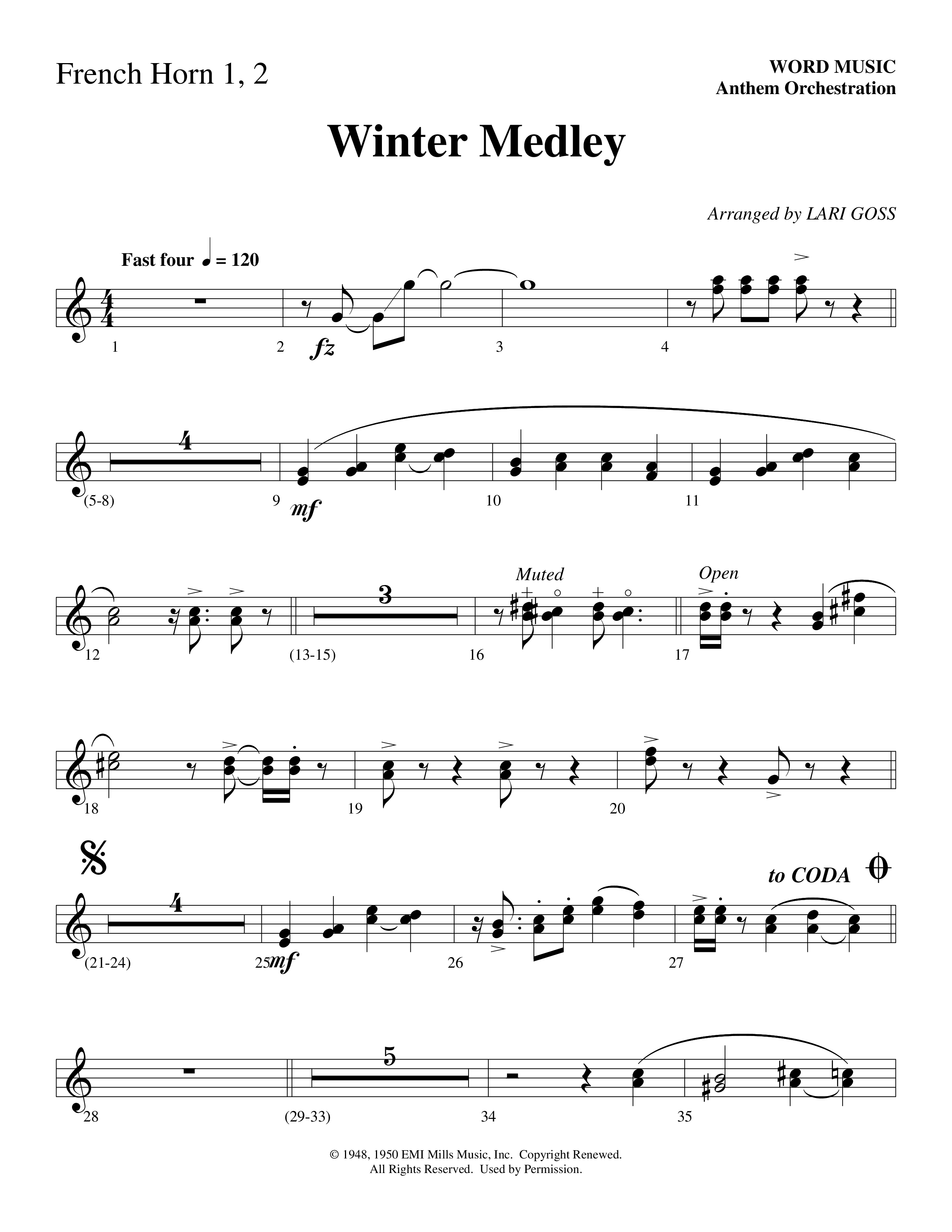 Winter Medley (with Sleigh Ride, Jingle Bells (Come On We're Going For A Sleigh Ride, Jingle Bells) (Choral Anthem SATB) French Horn (Word Music Choral / Arr. Lari Goss)